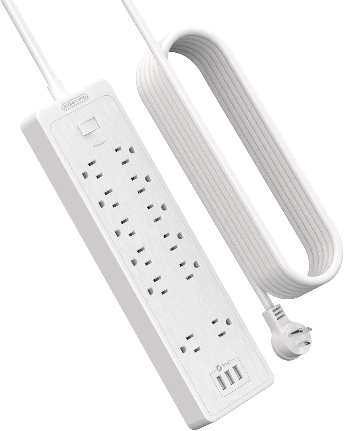 25 Ft Surge Protector Power Strip with USB Ports, NTONPOWER Flat Plug Power Strip with 12 Outlets(2 Widely Space), Extra Long Extension Cord, Overload Protection, 2100 J, Mounted for Home Office-White Pack of 2