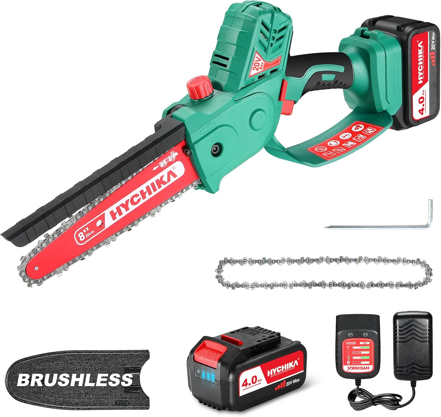 HYCHIKA Mini Chainsaw, 20V 8-inch Electric Brushless Chain Saw with Hand Guard, 4.0Ah Batteries, 2 Chain, Upgraded Handheld Chainsaw for Garden Branch Tree Cutting, Pruning Pack of 2