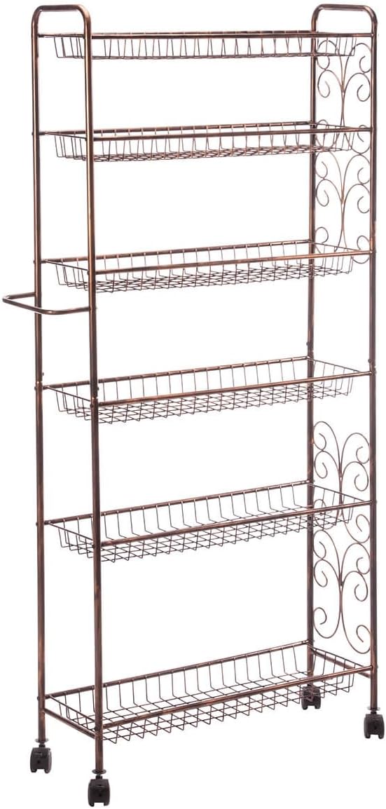 Rolling Antique Wire Slim 6-Shelf Storage Cart by Home Marketplace, Storage and Organization Stand, 24 ½” Wide x 55 ¼” High x 8” Deep