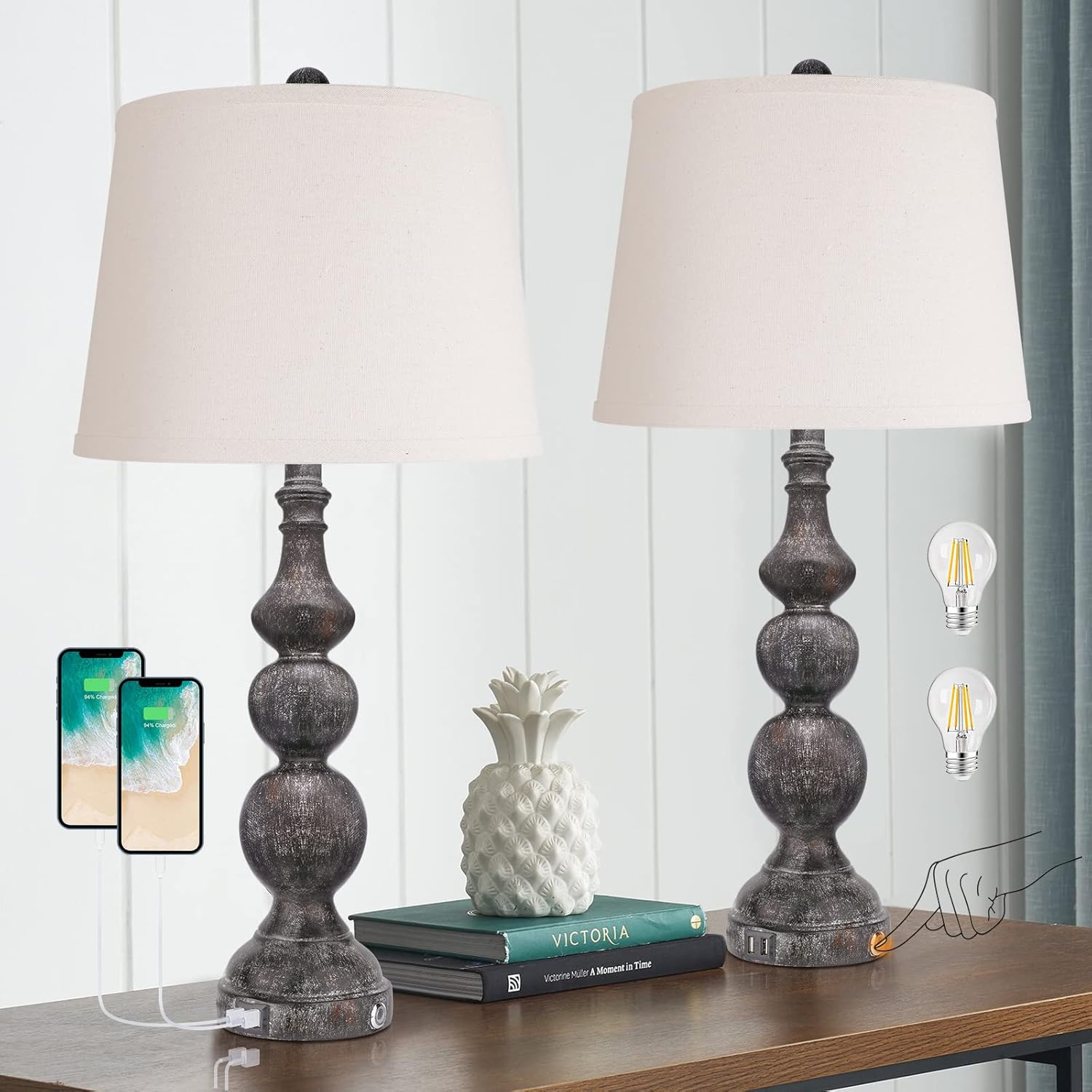 Table Lamps for Bedroom Set of 2, 3 Way Dimmable Touch Lamps for Living Room, Bedside Lamp with USB Ports and AC Outlet, Rustic Nightstand Lamp with Gourd Shape, Resin Farmhouse Lamp for End Table