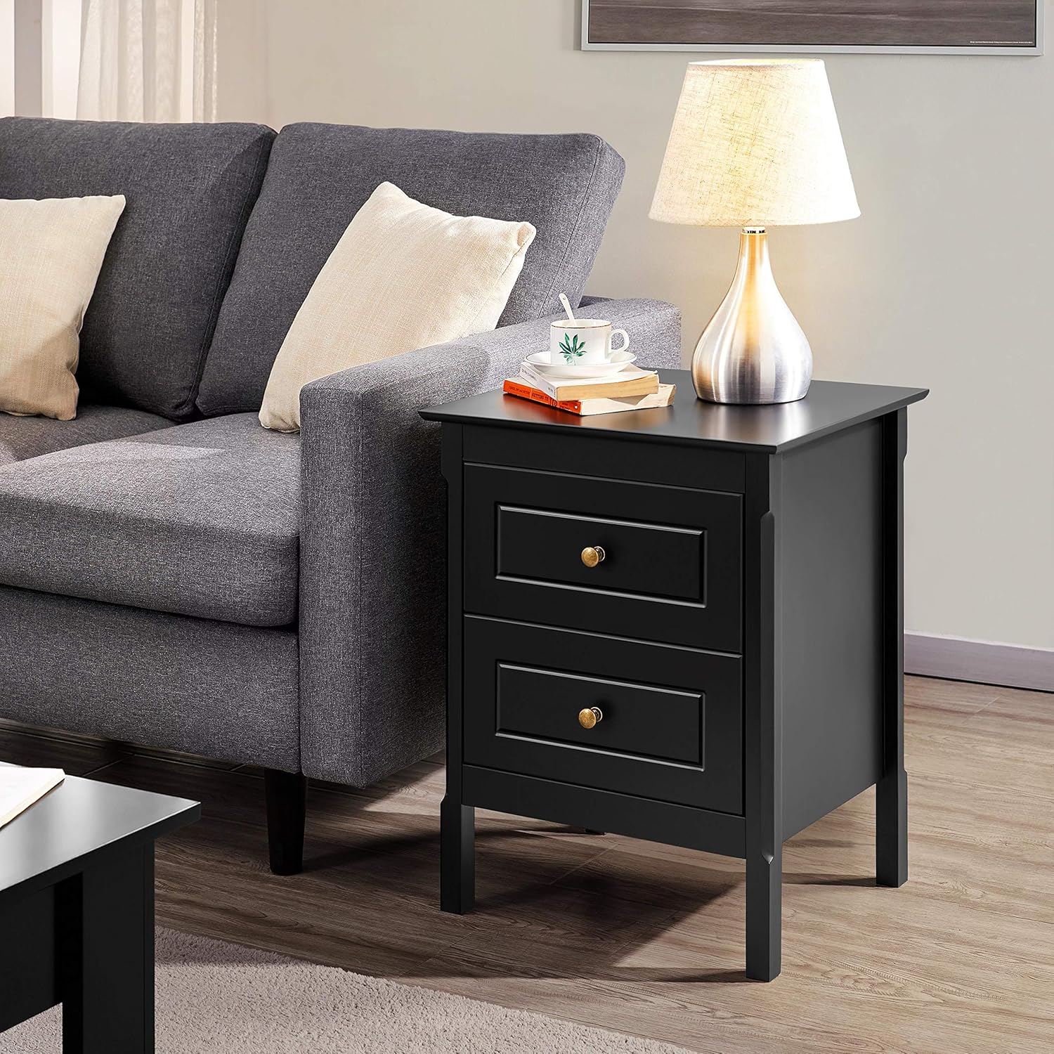 Topeakmart Set of 2 Wooden Sofa Side End Tables Storage Cabinets with Double Drawers and Solid Pine Wood Legs for Living Room, L19xW15.7xH24 Inch, Black