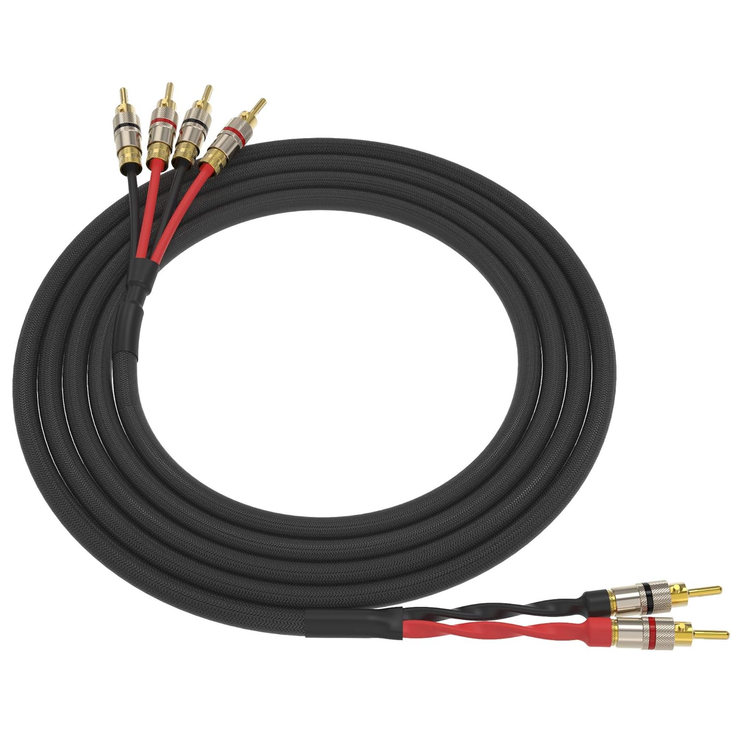 ChromaLeaf Canare 4S11 Bi-Wire Professional Audio Speaker Cable | 2 Bananas to 4 Bananas | Black | Gold Plated Locking Bananas | 15 Feet | Assembled in The USA