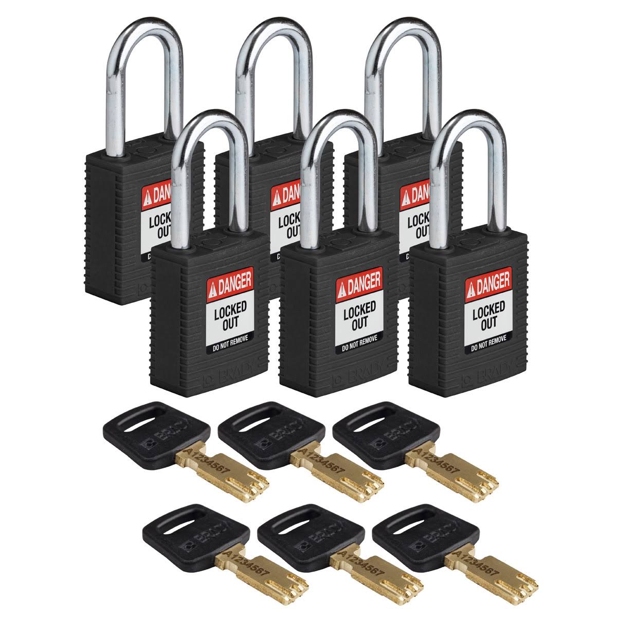 Brady SafeKey NYL-BLK-38ST-KA6PK Lockout Padlock Nylon Black 1.5x22 St