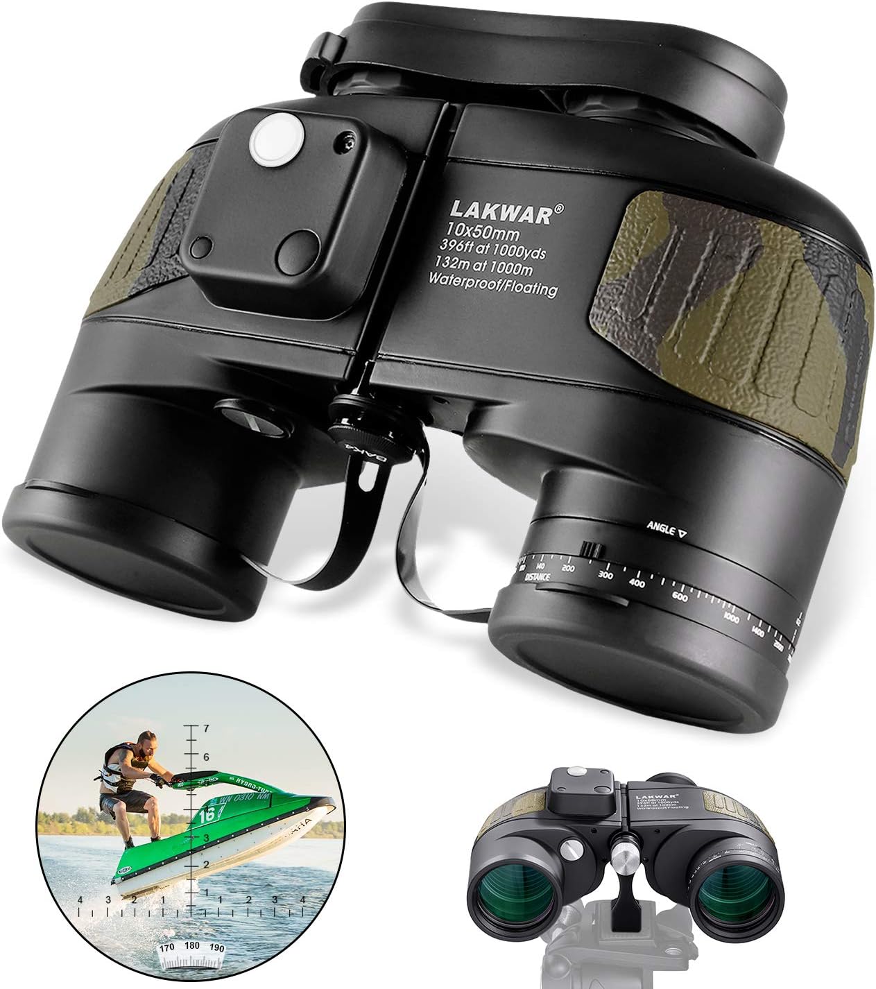 LAKWAR Marine Binoculars 10x50 for Long Distance Compact Binoculars for Adults with Rangefinder Compass High Grade Binoculars BAK4 Prism Waterproof Fogproof for Birdwatching, Hunting