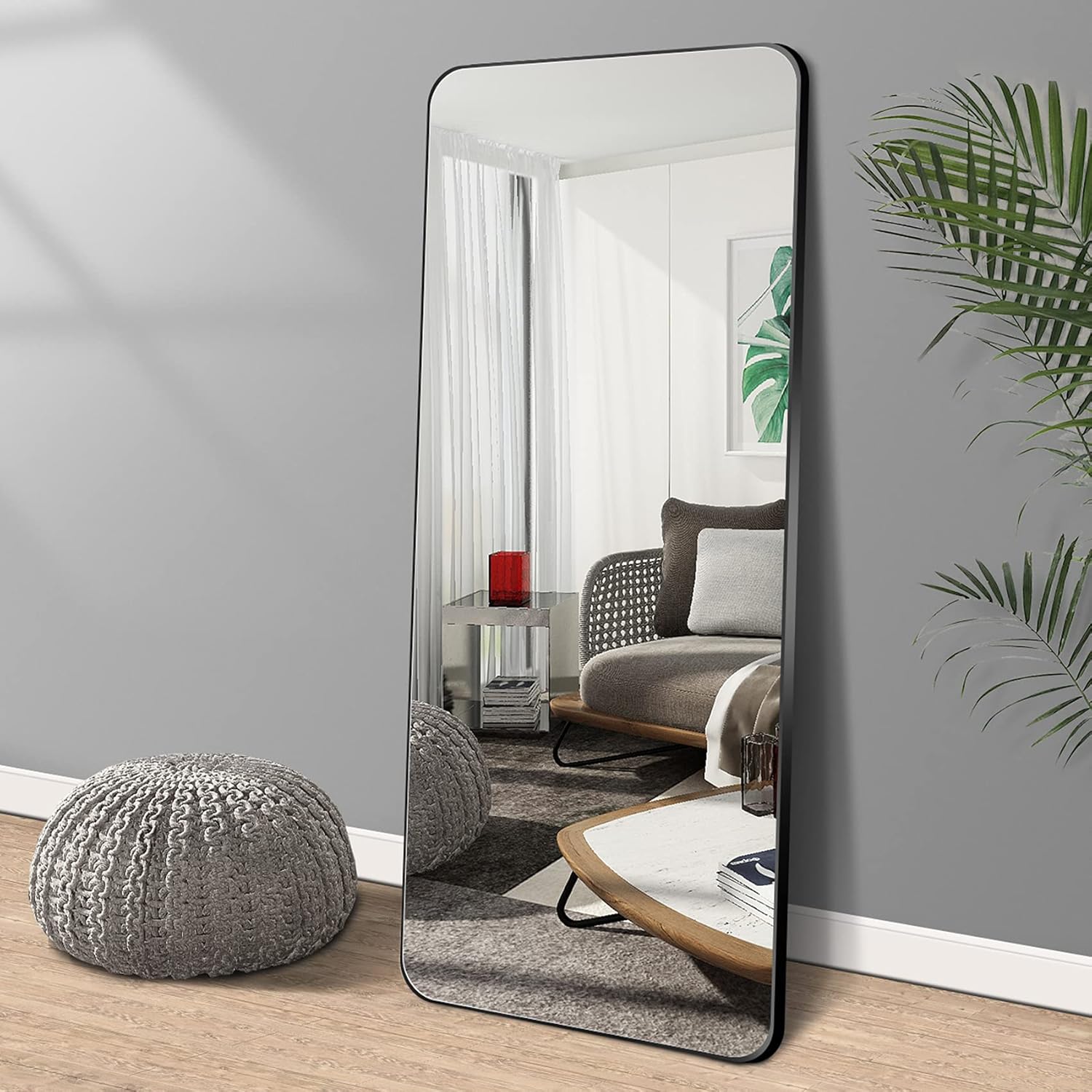 LAIYA 65&rdquo;X24&rdquo; Aluminum Floor Full Length Mirror Body Standing Large Tall Mirror Leaning Dressing Rounded Corner Rimless Big Long Stand Up Mirror for Bedroom 5MM Silver Mirror (Black)