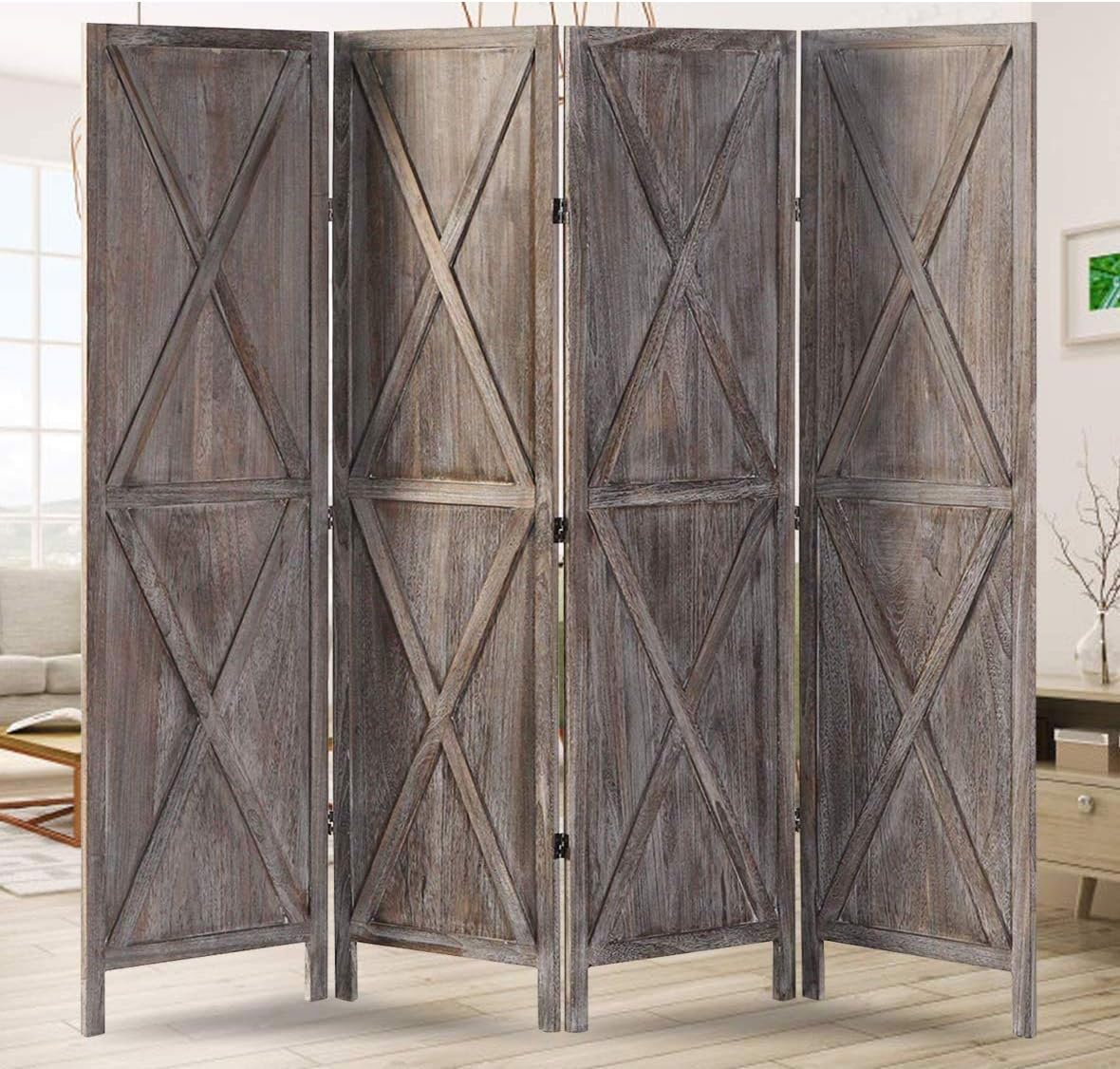 oneinmil 4 Panel Wood Room Divider, 5.8 Ft Tall Folding Privacy Screens Room Divider, Freestanding Partition Wall Dividers, Rustic Barnwood, White