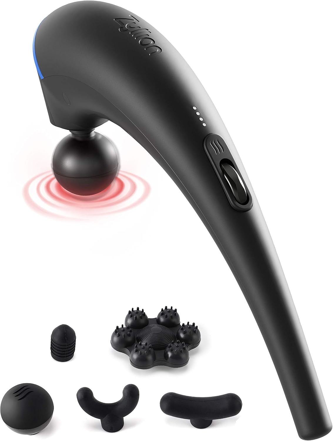 Zyllion Handheld Back and Neck Massager - Cordless Rechargeable Electric Vibrating Deep Tissue Massage with Heat for Athletes, Recovery and Muscle Pain Relief - Black (ZMA-27-BK)