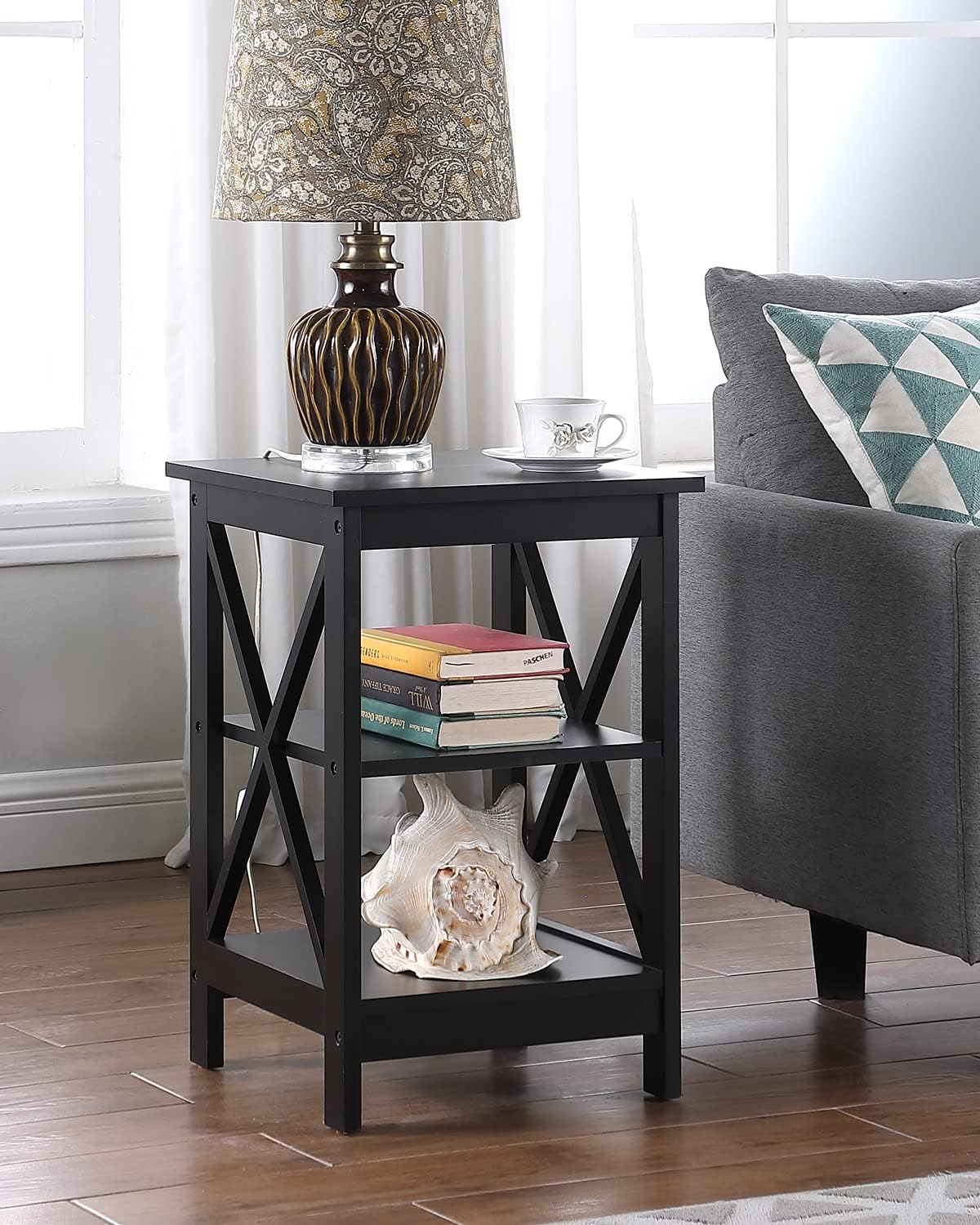 End Table, Ohuhu Small Sofa Side Table with 3-Tier Storage Shelves, X-Design Bed Side Night Stand Telephone Table Display Rack Bookshelf for Living Room, Bedroom, Office, Small Space