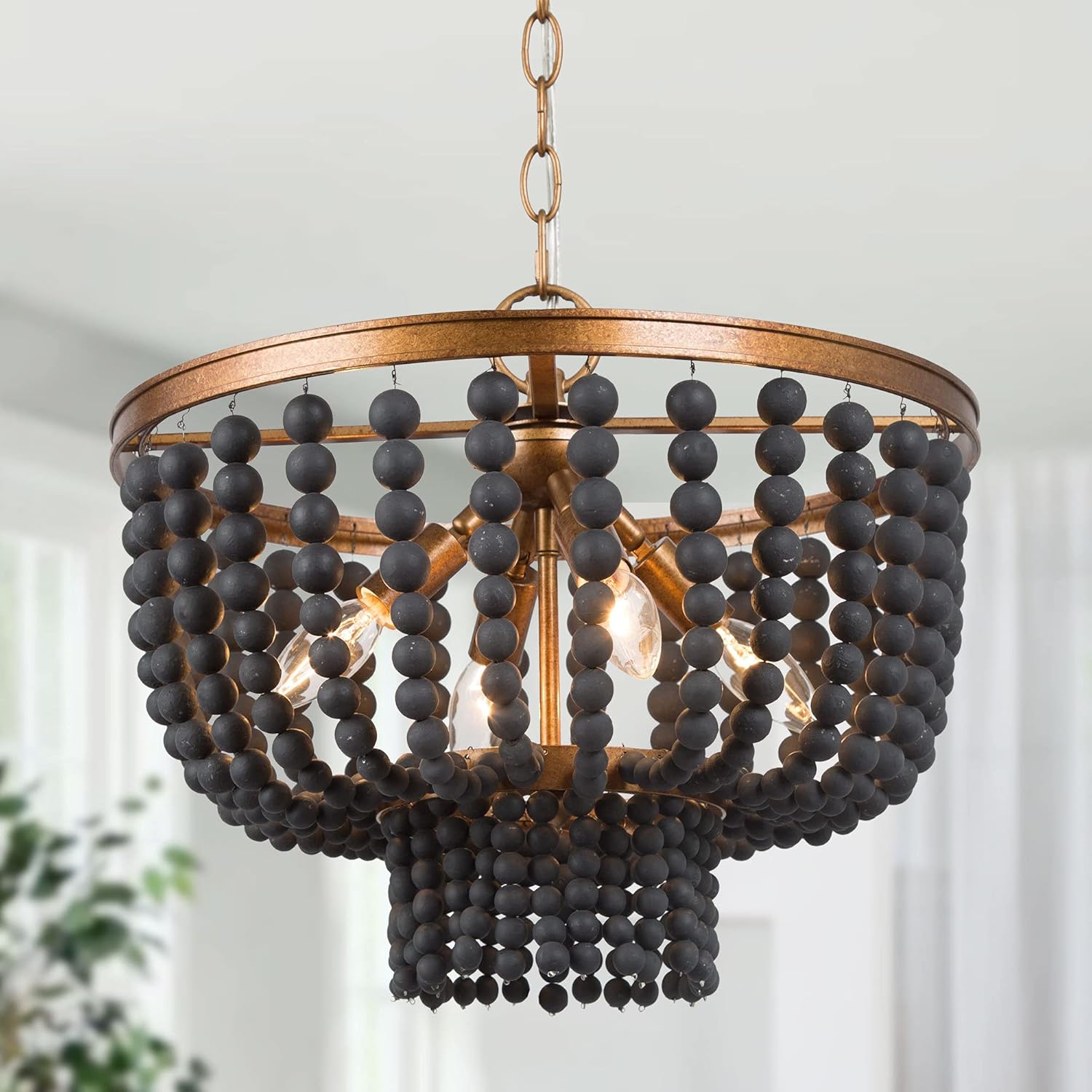 Black Beaded Chandelier, 4-Light Boho Farmhouse Chandelier for Dining Room, Bedroom, Hallway, Antique Gold Finish with Rustic Wood Bead Strands, 15.5