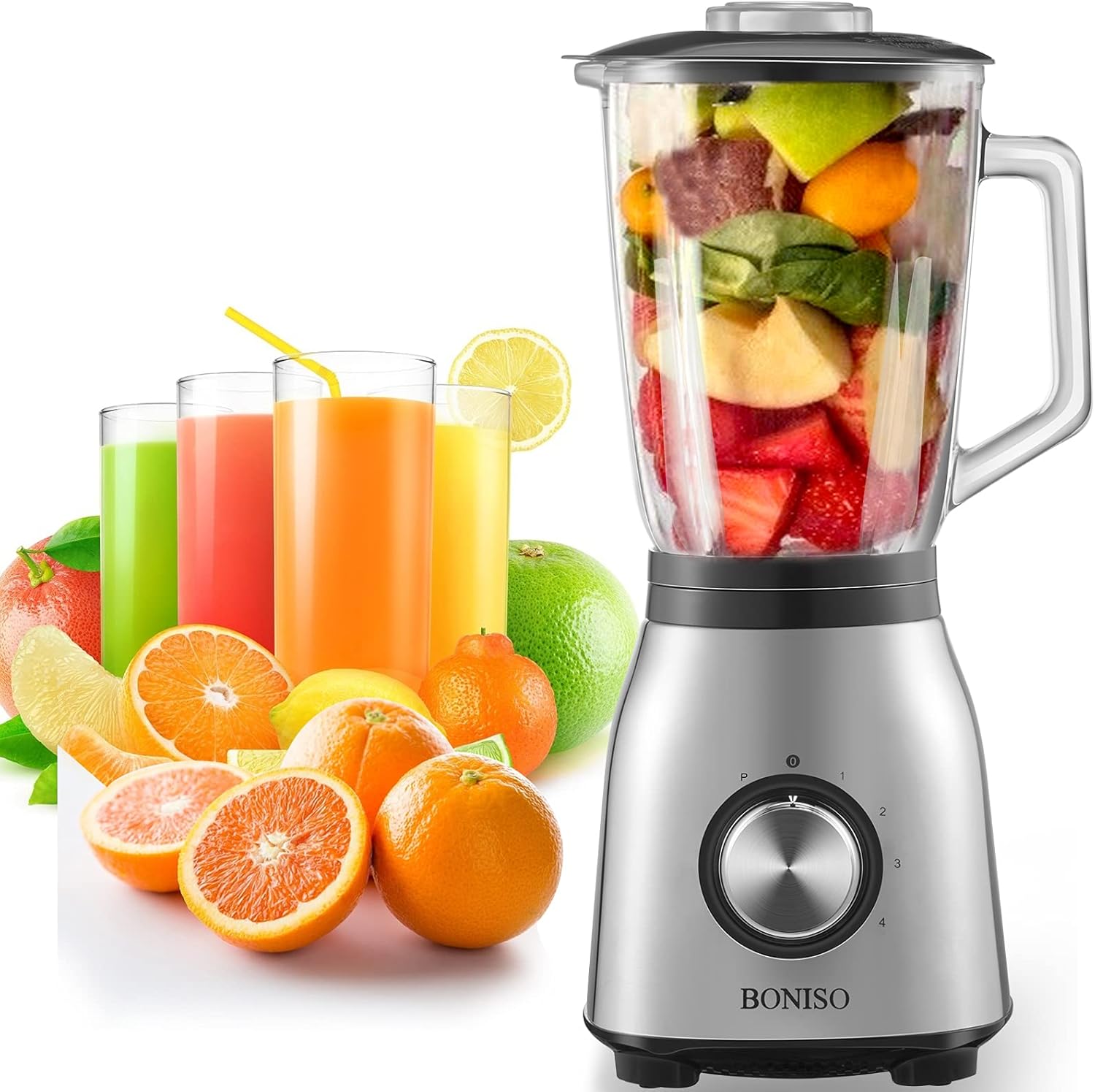 BONISO Countertop Smoothie Blender, High Speed Blender for Kitchen with 51Oz Glass Jar 6 Stainless Steel Blade , Household Blender 4-Speed and Pulse Function for Smoothies, Nuts, Ice and Fruits Pack of 2