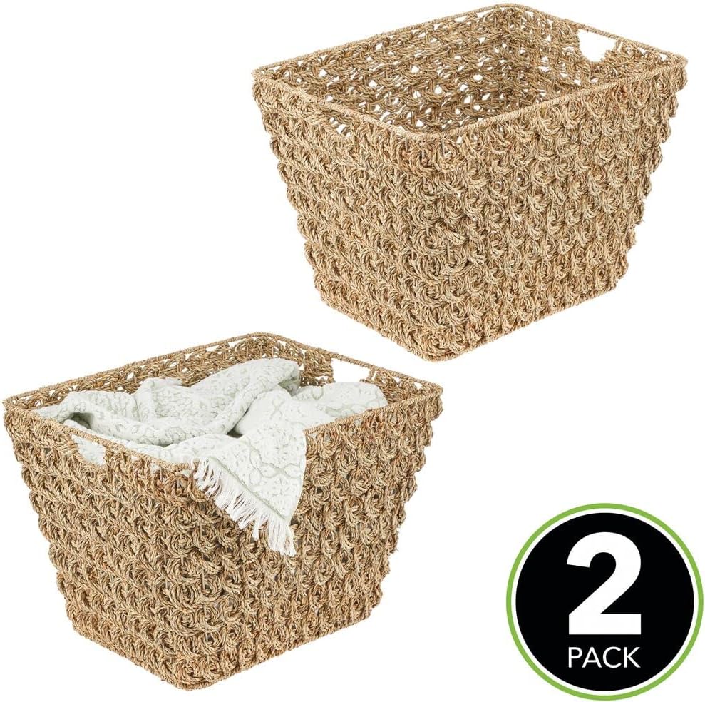 mDesign Woven Boho Seagrass Home Storage Hamper with Handles - Decorative Rectangle Braided Weaved Basket for Laundry, Closet, Bedroom, Bathroom, Living Room, Entryway, or Office - 2 Pack - Natural
