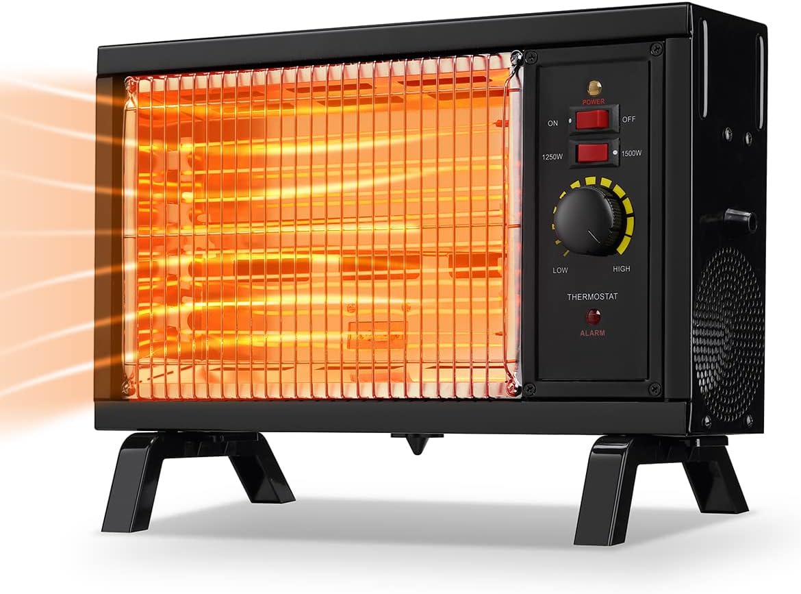 Homeleader ETL Portable Radiant Heater, 1250W/1500W Indoor Space Heater, Rapid Heating with Adjustable Thermostat, Perfect for garages, workshops, Warehouses, Black Pack of 2