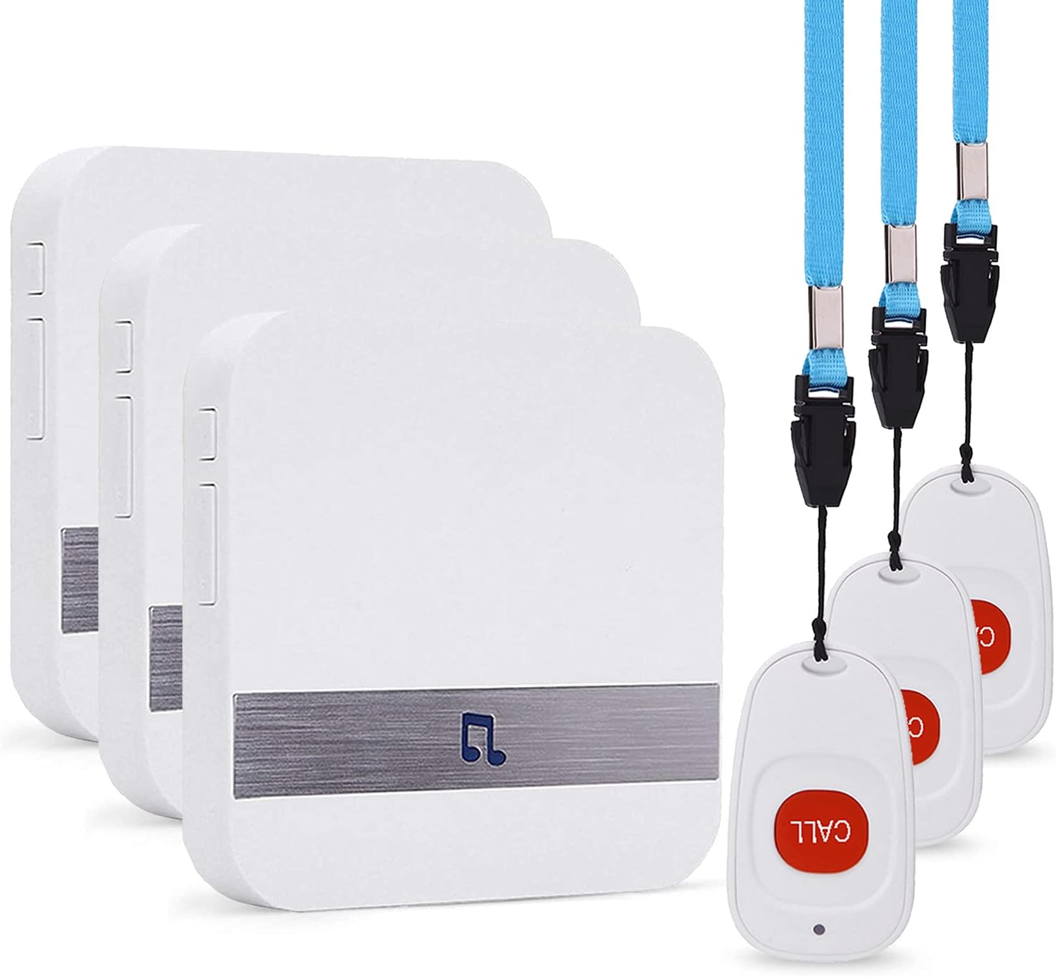 Caregiver Pager Wireless Life Alert Systems for Seniors IP55 Waterproof, Fall Alert Devices for Elderly, Panic Buttons with Necklace (3 Call Buttons + 3 Receivers)