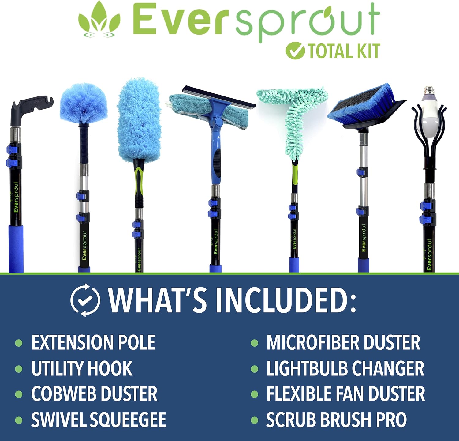 EVERSPROUT 5-to-14 Foot Extension Pole Total Kit (20 Ft Reach) | Telescopic Pole, Scrub Brush, Light Bulb Changer, Hook, Swivel Squeegee, 3X Microfiber Dusters (Cobweb, Flexible Ceiling Fan, Feather)