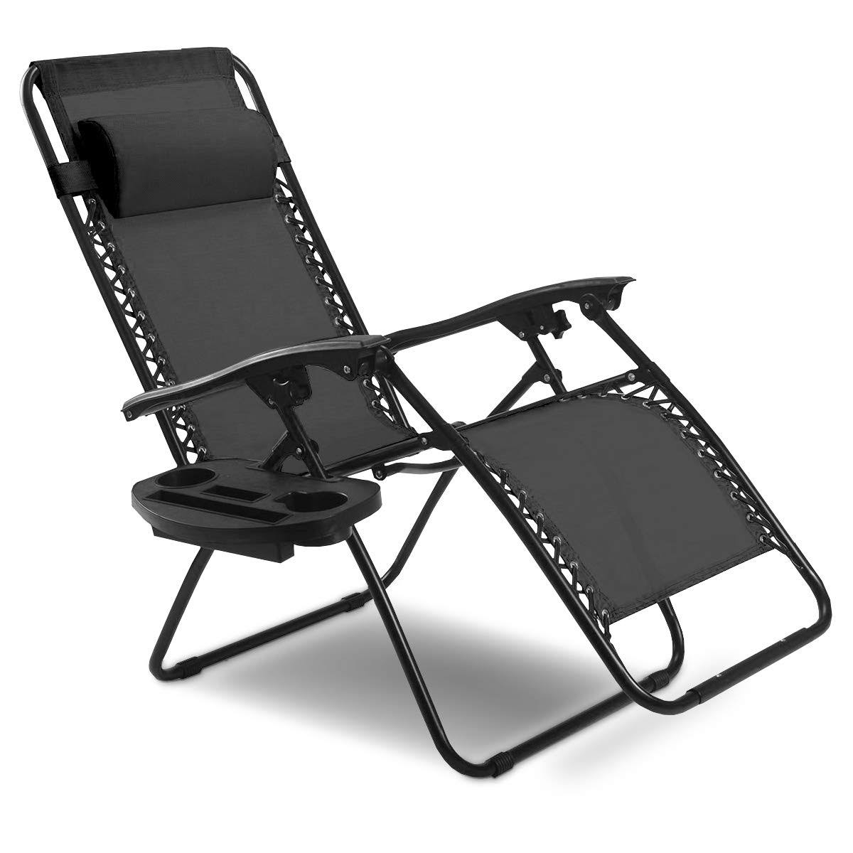 Goplus Folding Zero Gravity Reclining Lounge Chairs Outdoor Beach Patio w/Utility Tray (Black)