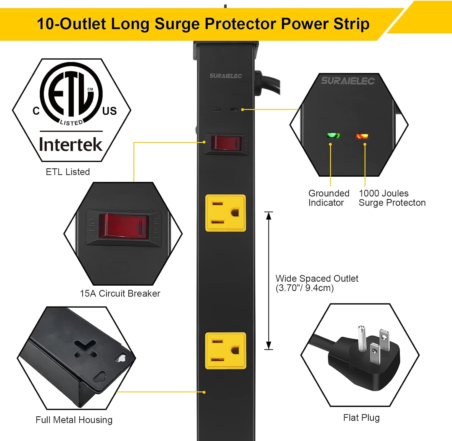 Suraielec 2-Pack 10 Outlet Long Power Strip Surge Protector, Industrial Heavy Duty Metal Shop Power Strip Flat Plug, 1000 Joules, 15 A Breaker, 6FT Cord, Wall Mountable, for Work Bench, Shop, Garage… Pack of 2