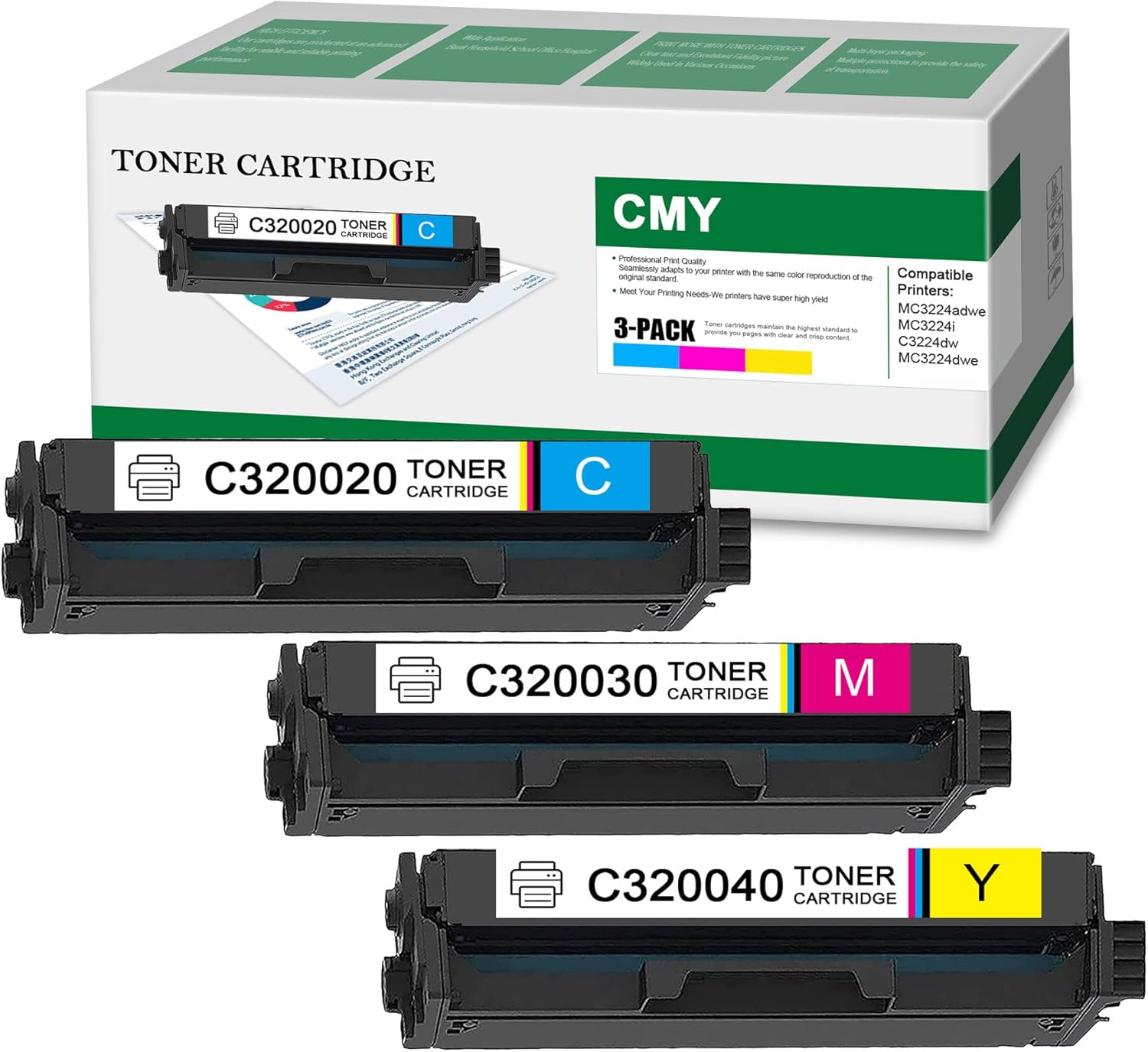 Smart C320020 C320030 C320040 Compatible (3 Pack, 1C+1M+1Y) Remanufactured Toner Cartridge Replacement for Lexmark MC3224adwe MC3224i C3224dw MC3224dwe Printers Toner Cartridge