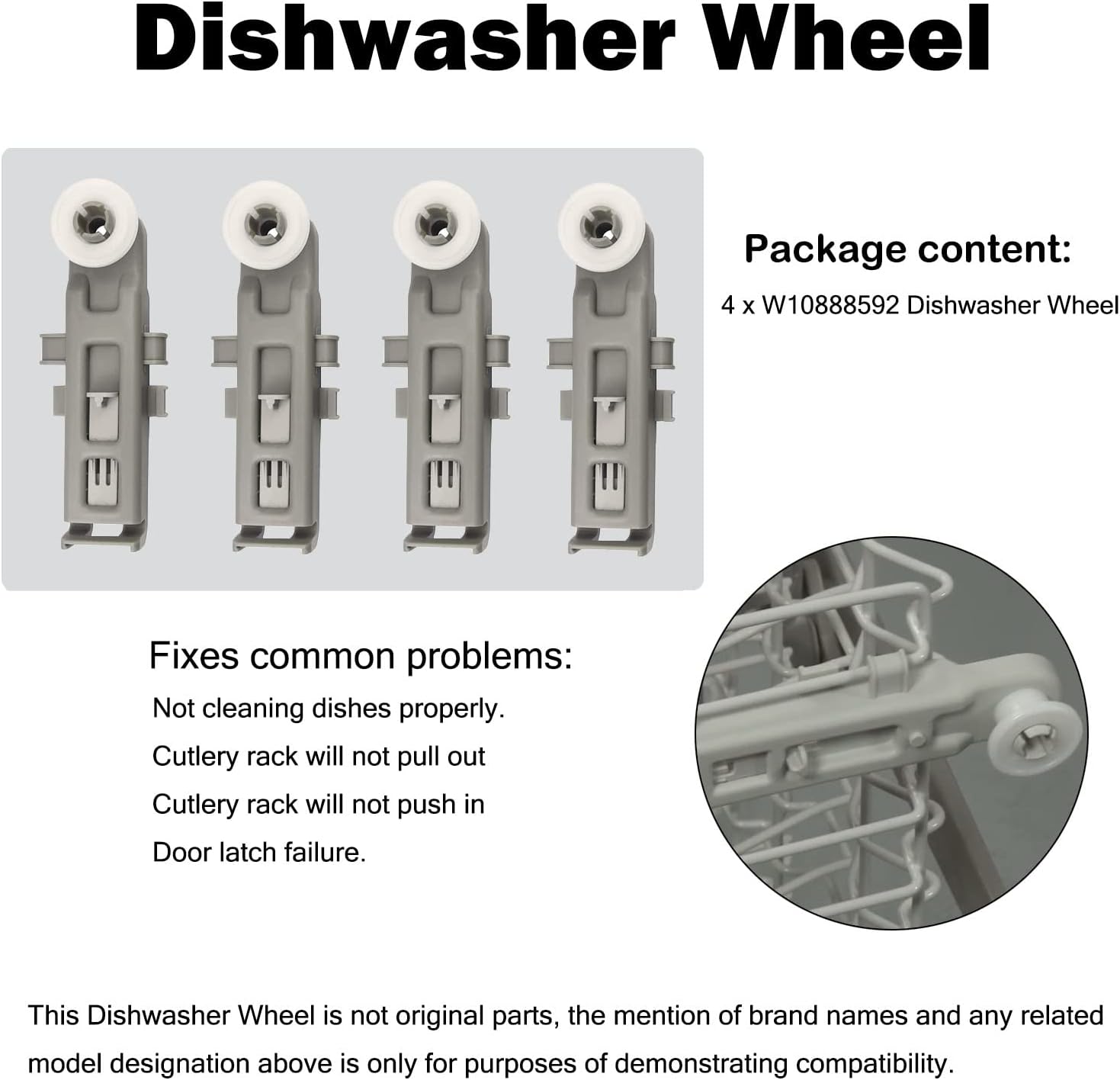 W10888592 Dishwasher Wheel by Lusperi - Compatible with Whirlpool Dishwasher - Replaces 8575281 PS11769236 WP8575281 (4 Pack)