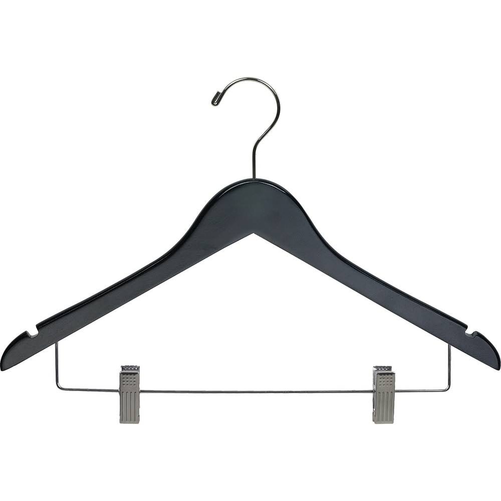 Black Wooden Combo Hanger with Clips (Case of 100)