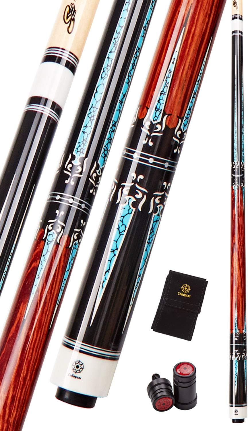 Collapsar CXT Pool Cue with Soft Case,Black with Cream Points and Turquoise,Wrapless Handle 58Inch Professional Pool Stick