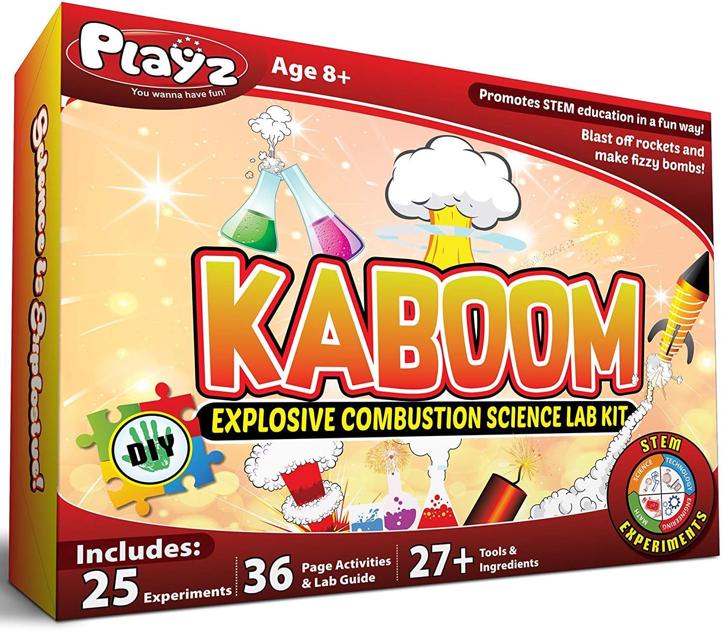 Playz KABOOM! Explosive Science Kit for Kids - 25+ Kid Safe Exploding Combustion & Fun Chemical Reaction STEM Experiments. Make DIY Rockets, Fizzy Bombs, Color Explosions, Helium Balloons Bombs & More Pack of 2
