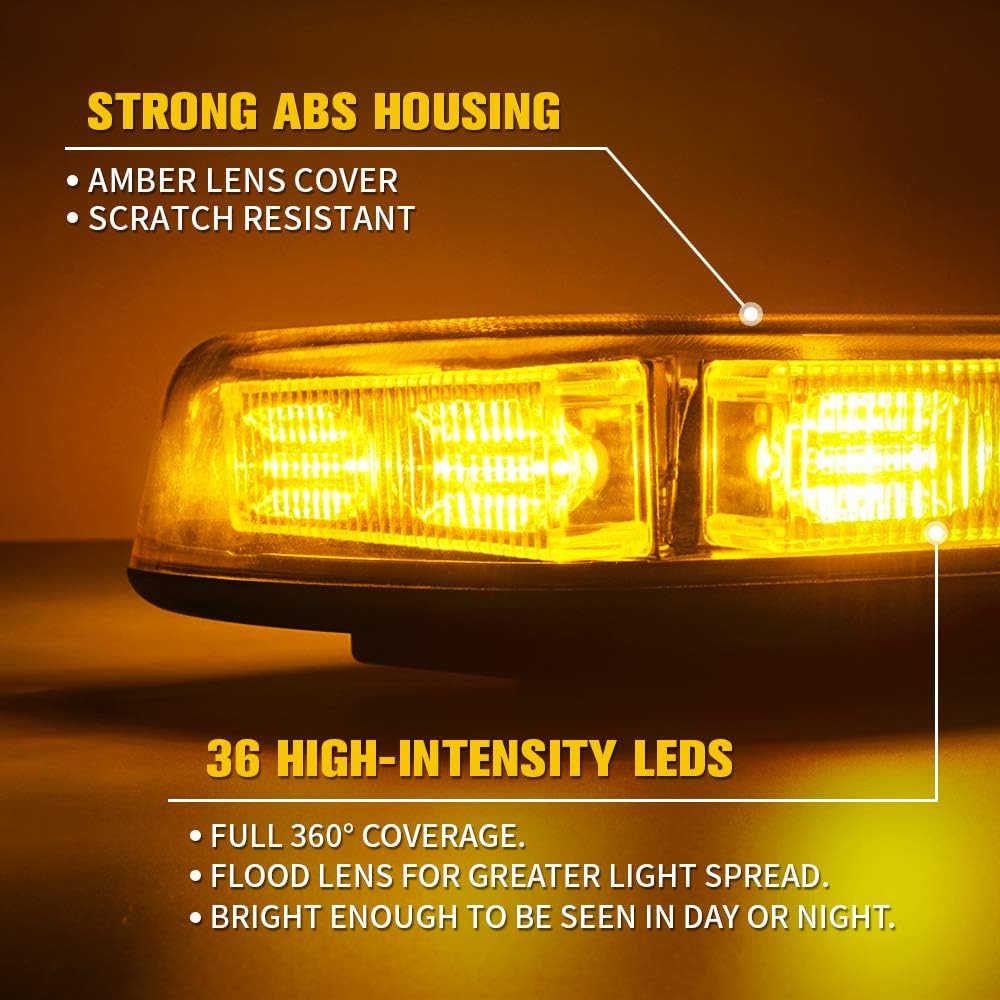 Xprite LED Rooftop Mini Strobe Beacon Light Bar Amber Lens Warning Hazard Flashing Lights w/ Magnetic Mount for Emergency Construction Vehicles Trucks Snow Plow Postal Car