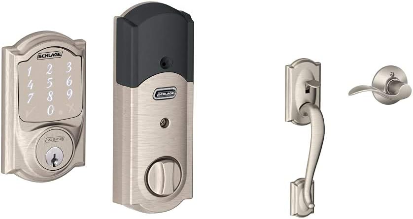 Schlage BE479AA V CAM 619 Satin Nickel Sense Smart Deadbolt with Camelot Trim & Camelot Front Entry Handle Accent Right-Handed Interior Lever (Satin Nickel) FE285 CAM 619 Acc RH