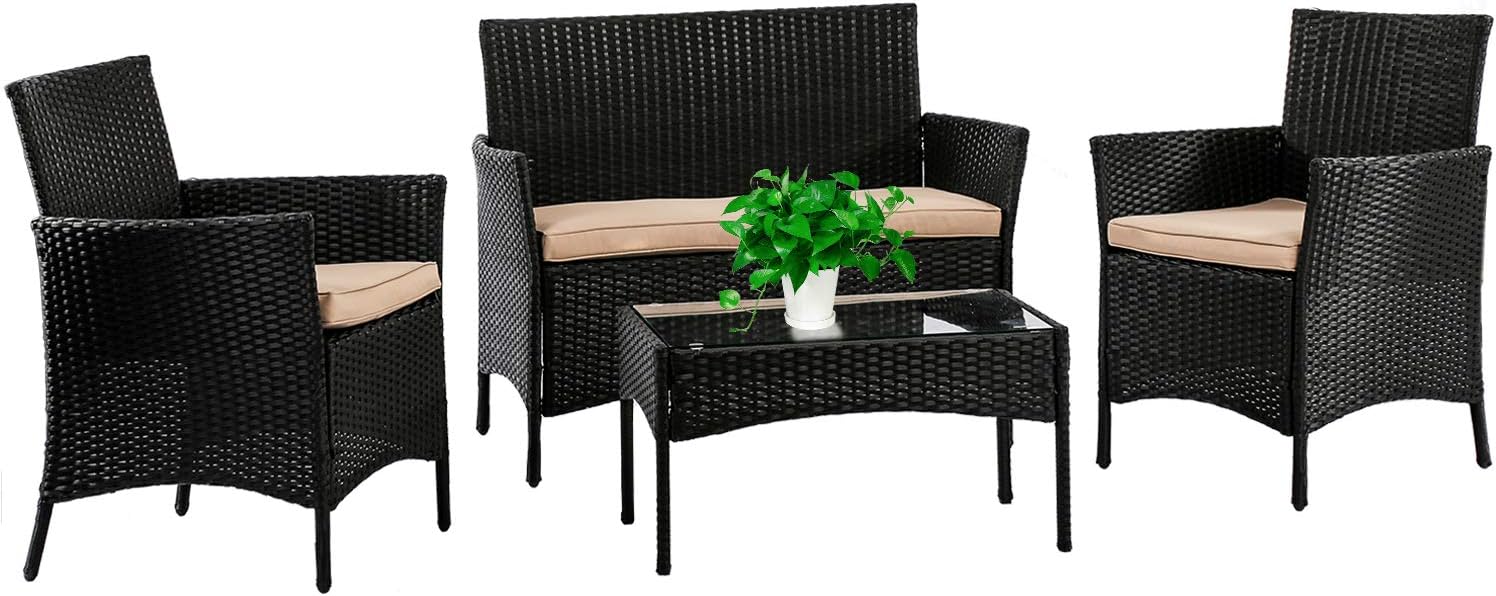 FDW Patio Furniture Set 4 Pieces Outdoor Rattan Chair Wicker Sofa Garden Conversation Bistro Sets for Yard,Pool or Backyard