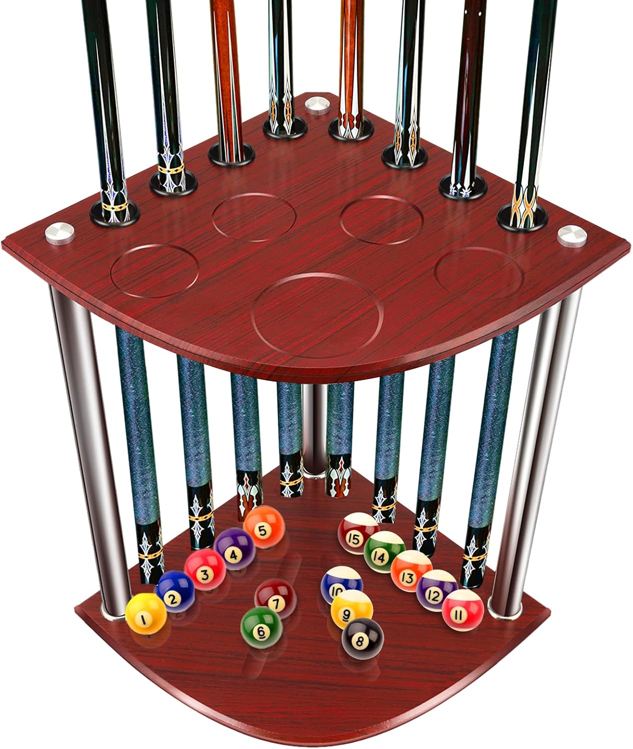 ETE ETMATE 8 Hole Vertical Pool Cue Holder, Oak Billiard Cue Rack Accommodate 8 Clubs and a Full Set of Balls, for Pool Sticks/Pool Balls/Pool Table Accessories Pack of 2