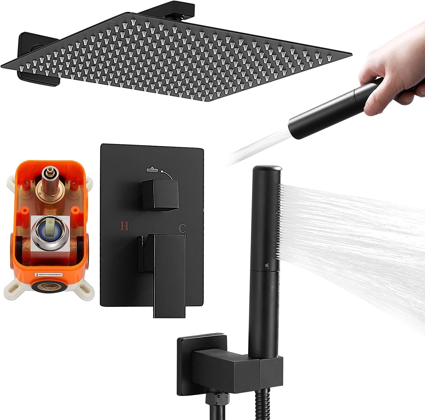 MOGFCT Bathroom Shower System Wall Rainfall Shower Faucet Set 12 inch Shower Head with Handheld Combo Set (Black)
