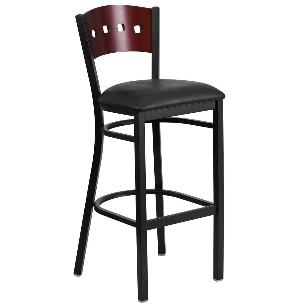 32 in. Mahogany Wood Back/Black Vinyl Seat/Black Metal Frame Bar Stool