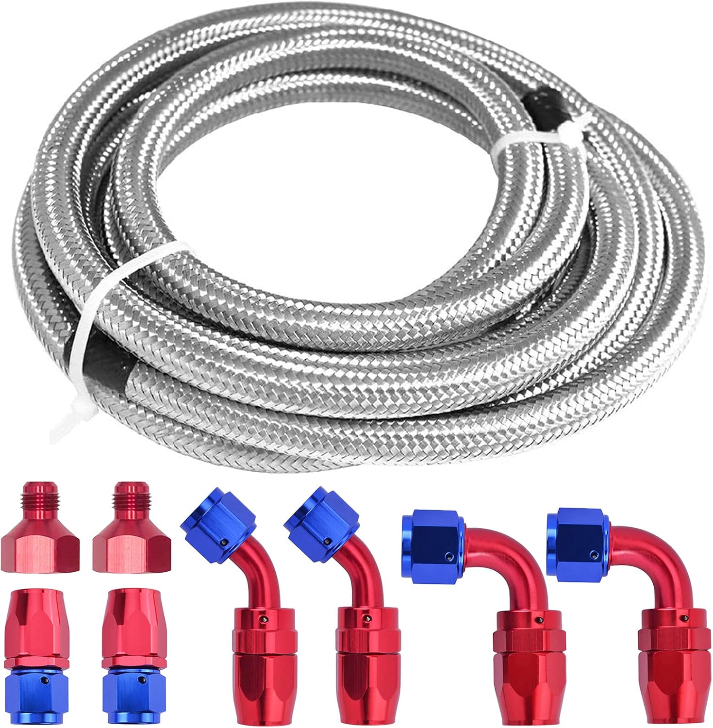 12Ft 6AN Fuel Hose 3/8'' Universal Braided Oil Fuel Gas Line w/6pcs AN6 Hose Compatible for Kit and 2pc AN10 to AN6 Fitting Adapters (Silver + 8pcs) Pack of 2