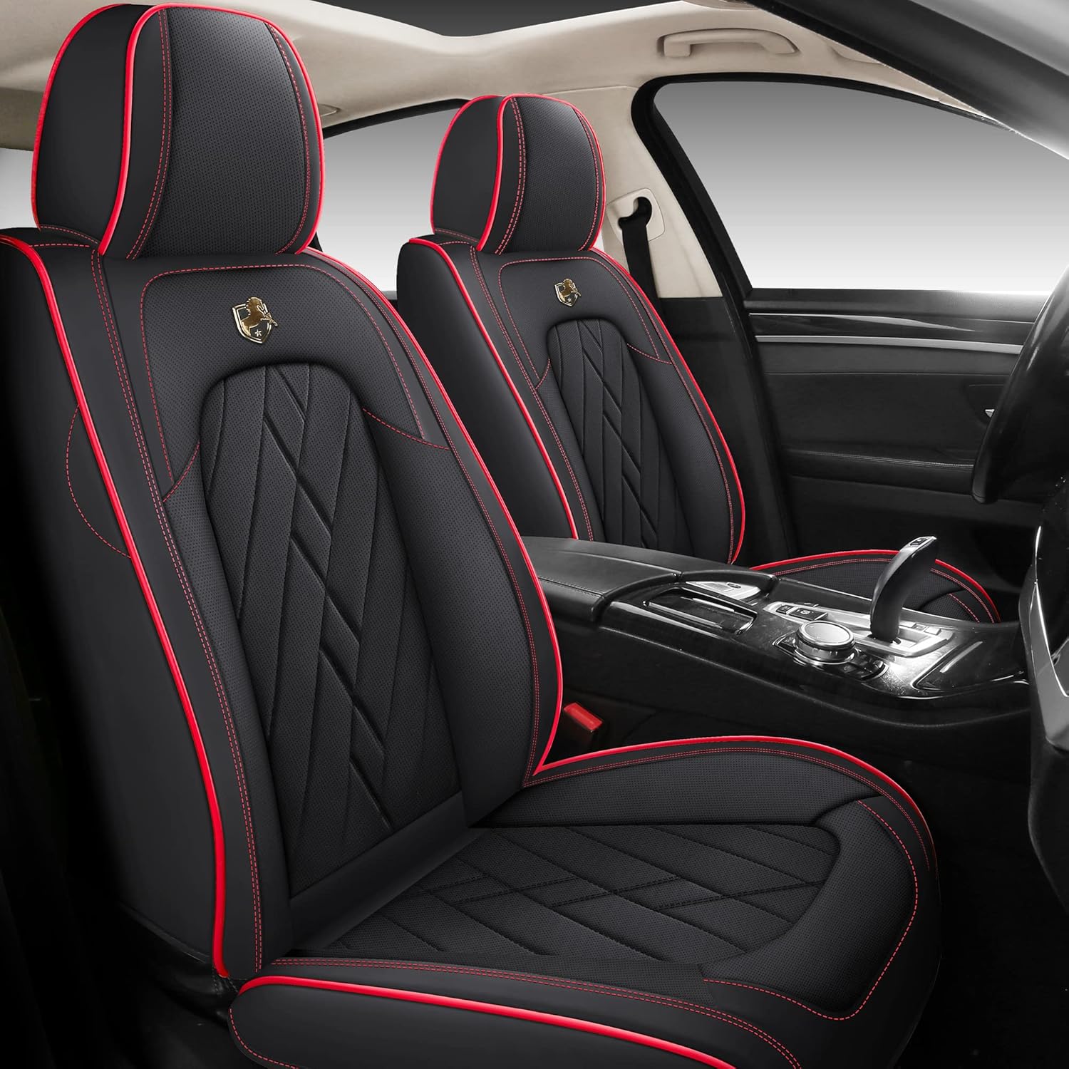 5pcs Seat Cover Full Set, Universal Type, Suitable for Most Cars, SUV, Trucks, Pickup Ttrucks, Airbags Compatible with Synthetic Leather Car Seat Cushion Protectors (Black&red)