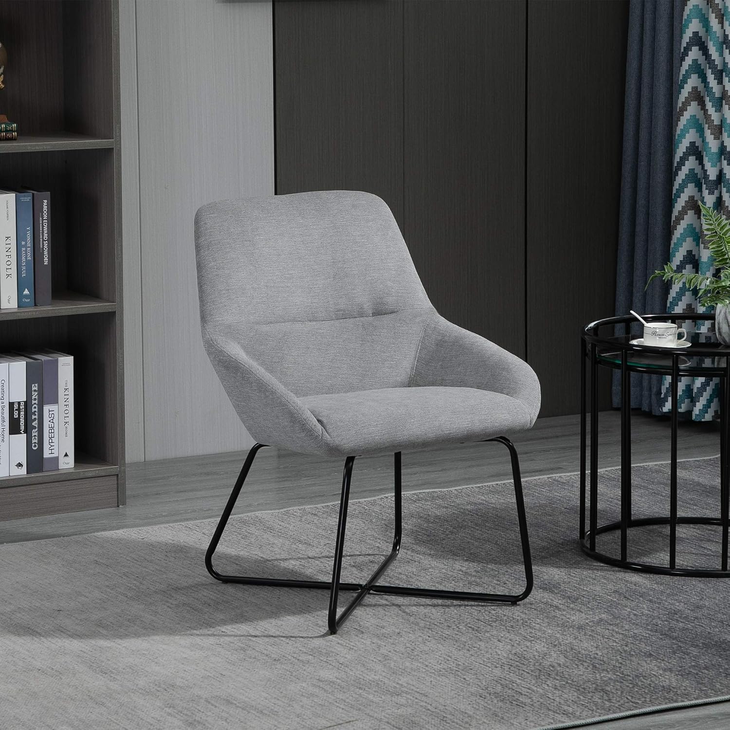 HOMCOM Modern Accent Chair Leisure Fabric Mid Back Chair Livingroom Funiture with X-Shaped Metal Frame and Curved Back, Grey/Black