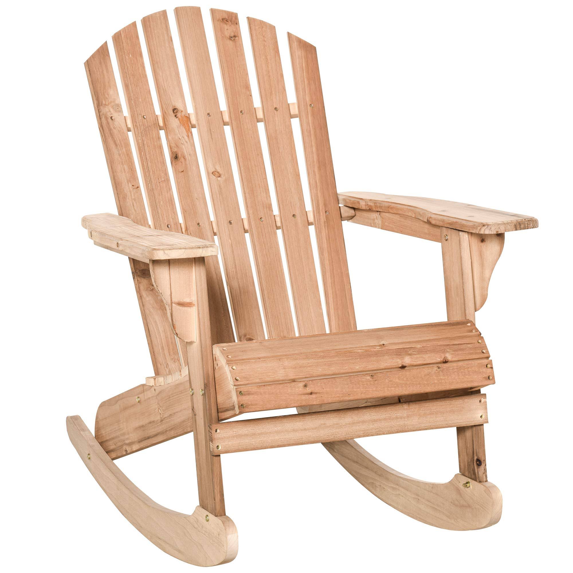 Outsunny Wooden Adirondack Rocking Chair with Slatted Wooden Design, Fanned BACK, u0026 Classic Rustic Style, Teak
