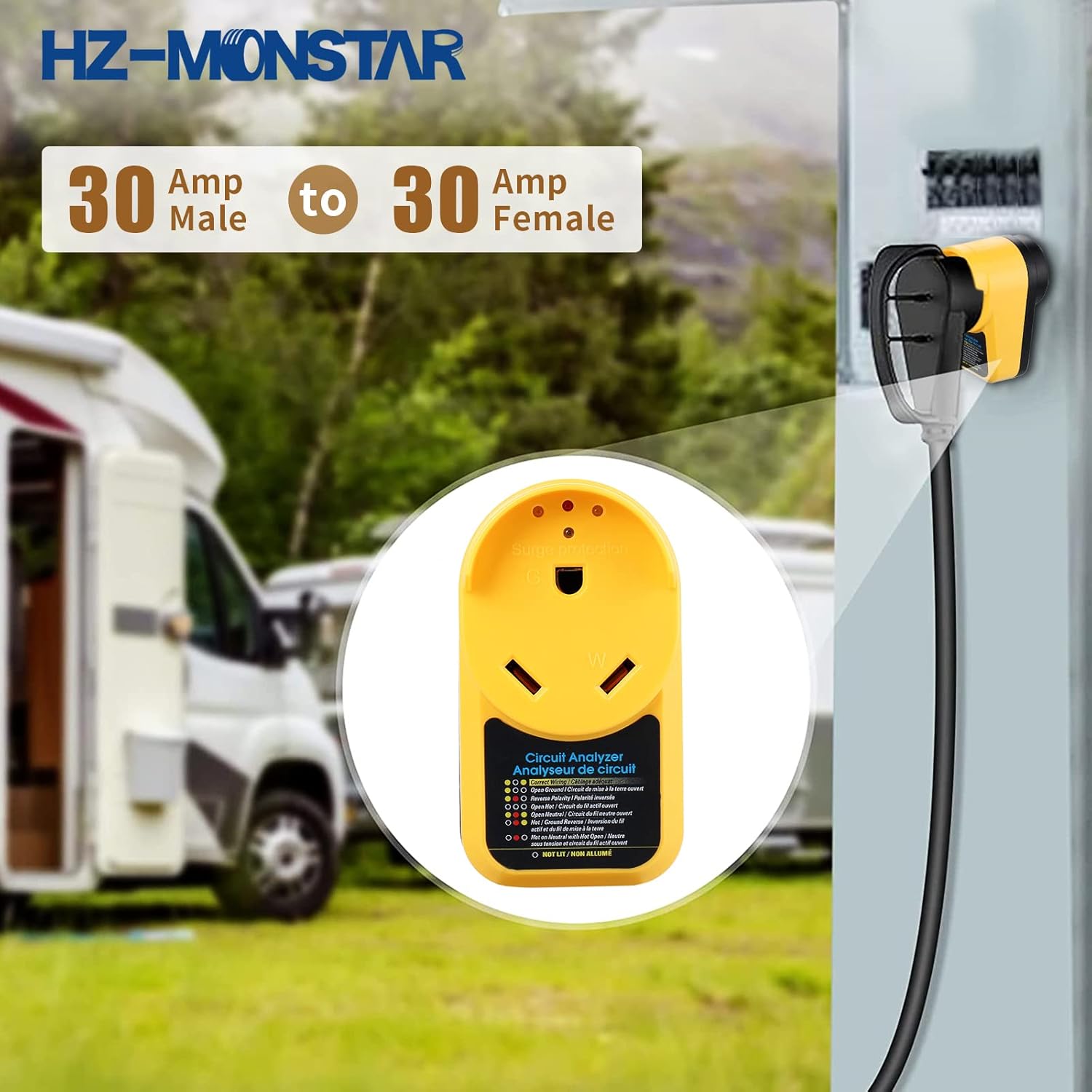 RV Surge Protector 30 Amp Adapter with LED Indicator Light, Circuit Analyzer Portable for RV Trailer Camper, 30 Amp Male to 30 Amp Female Ideal Camper Accessories for Travel Trailers (Yellow)