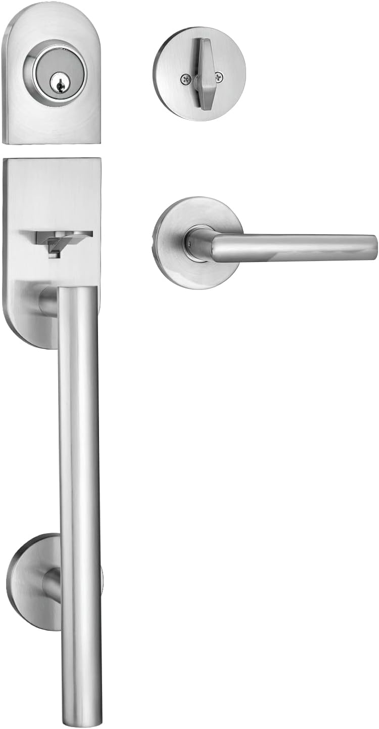 Berlin Modisch HandleSet Front Door Entry Handle and Deadbolt Lock Set Sleek Round Lever and Single Cylinder Deadbolt Heavy Duty - Iron Black Finish