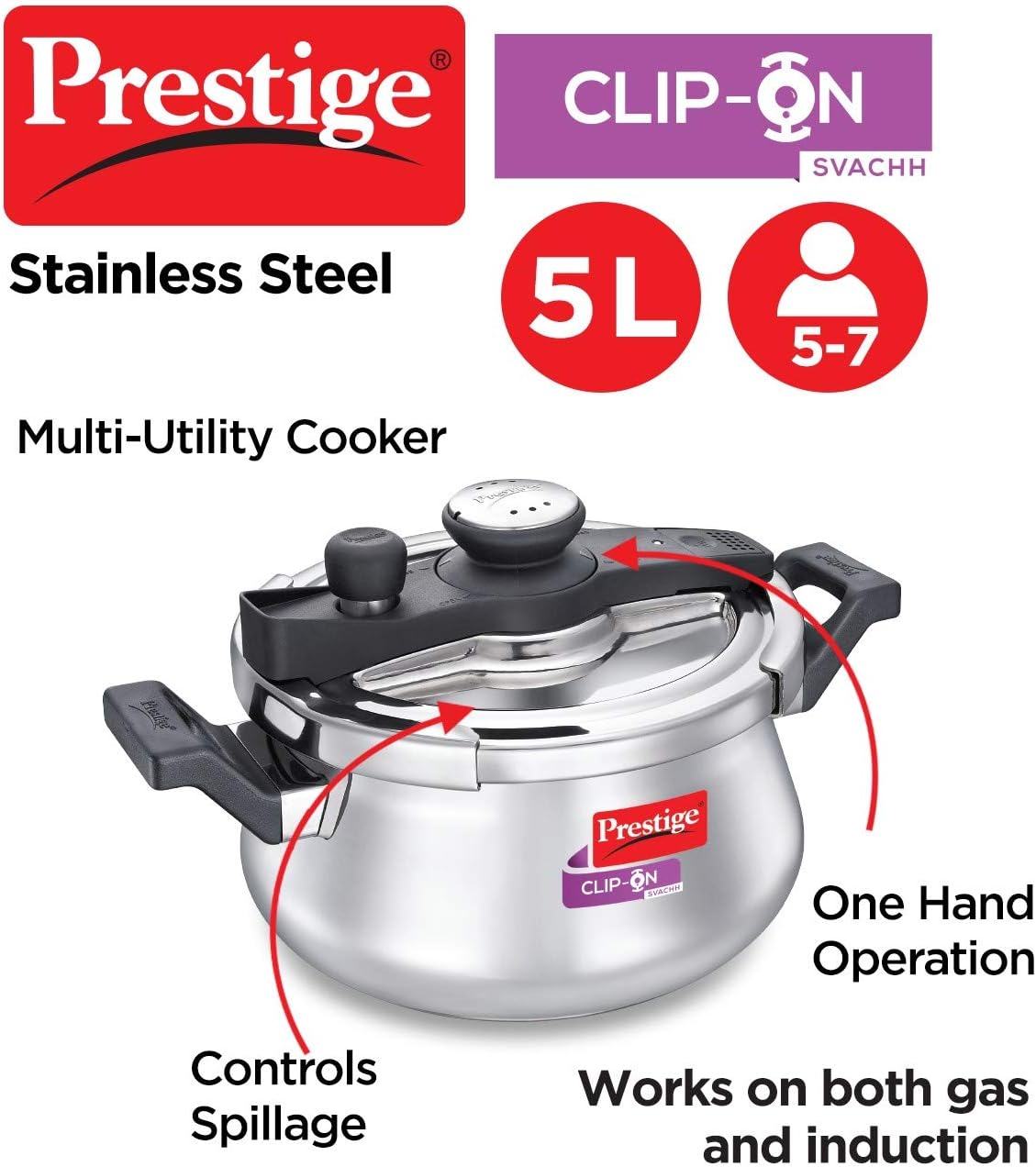 Prestige Svachh Clip-on 5 Litre Stainless Steel Pressure Handi