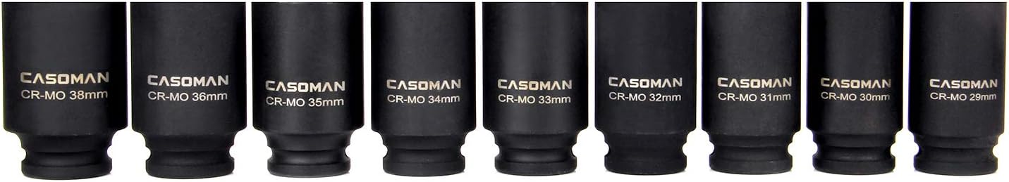 CASOMAN 1/2- Inch Drive Deep Spindle Axle Nut Impact Socket Set, 6 Point, CR-MO, Metric, 29mm-38mm, 9-Piece 1/2