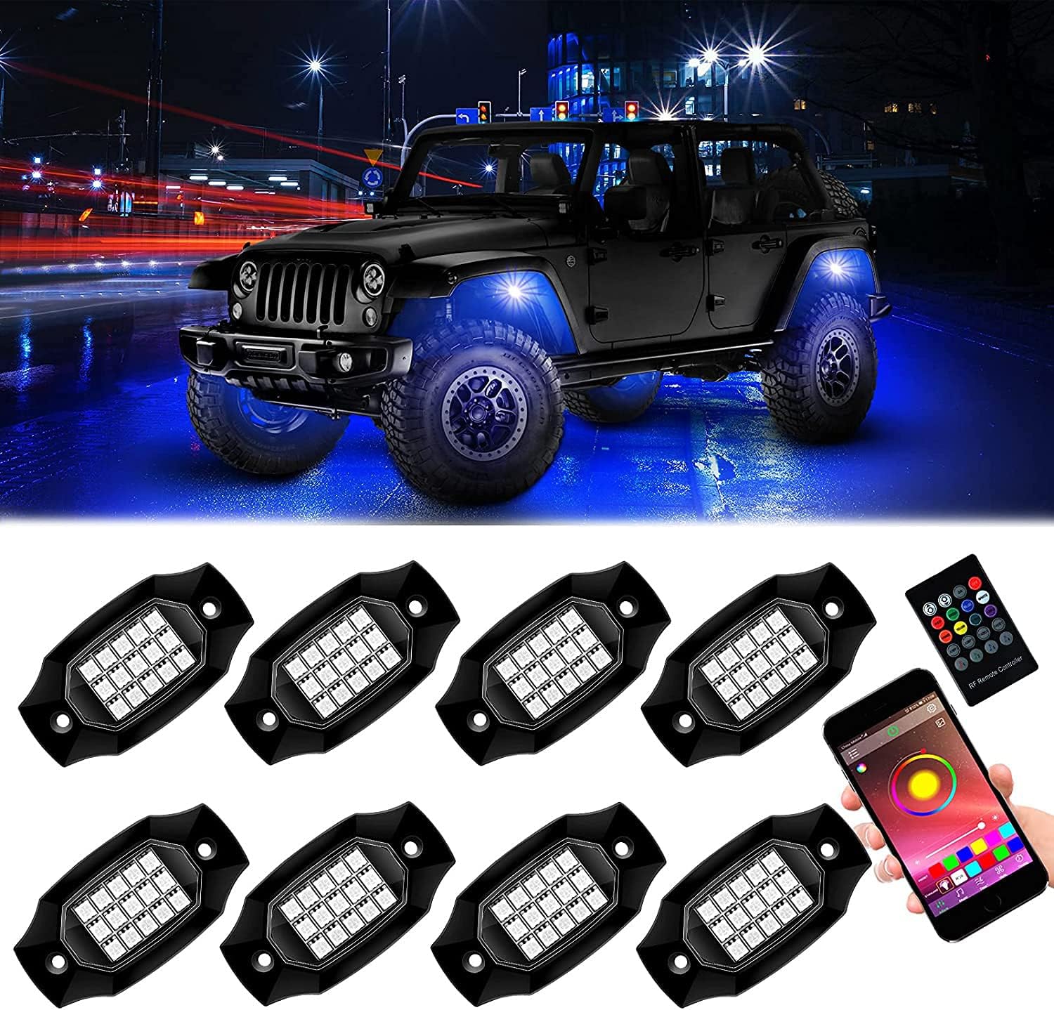SINOSPARK Car Underglow Rock Lights RGBW Neon Accent Lights Kit APP RF Remote Control Music Sync Waterproof Offroad Under Car LED Lights Car LED Wheel Lights for Truck Jeep 8 Pods