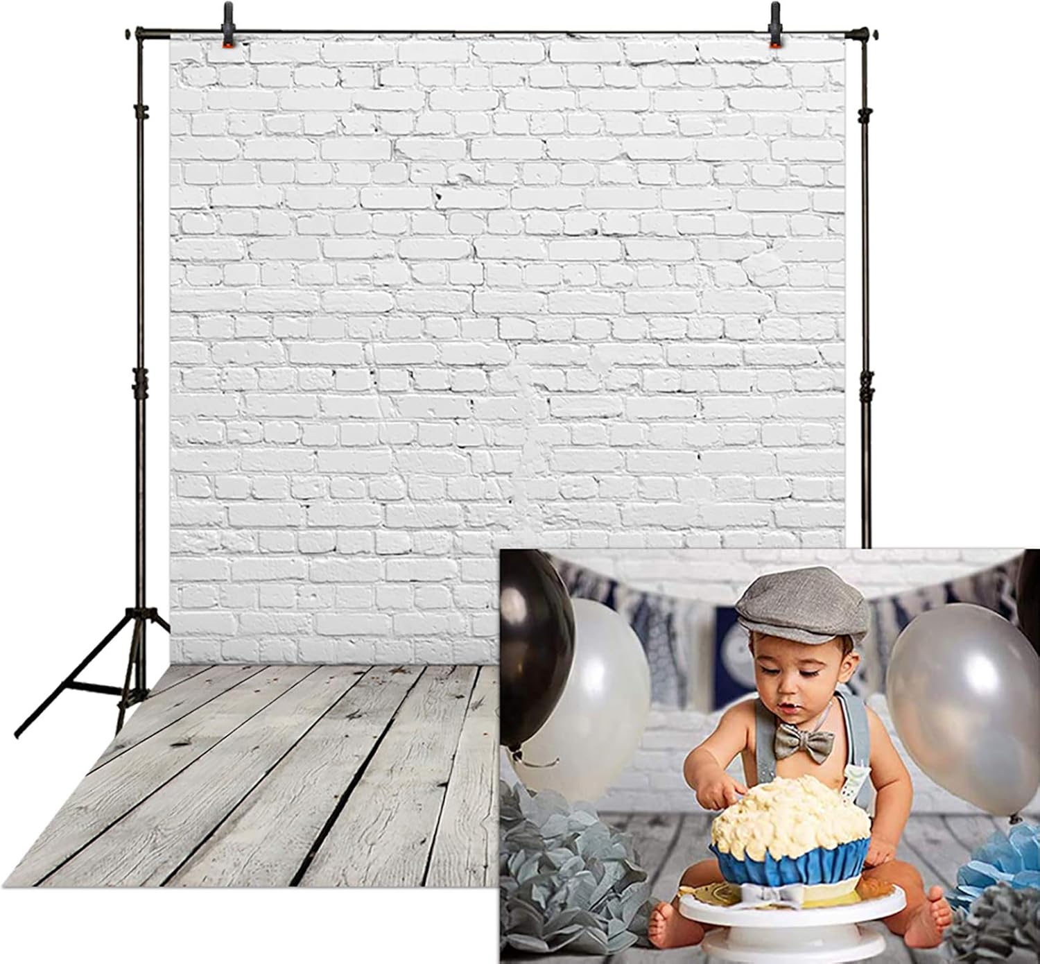 Allenjoy 5x7ft White Brick Wall with Grey Wooden Floor Photography Backdrop Photo Background for Newborn Baby Photoshoot Props