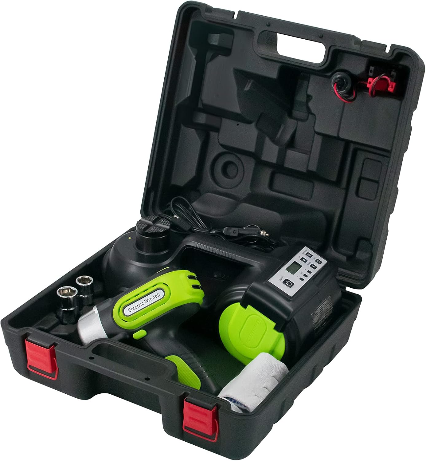 E-HEELP Car Jack Hydraulic 5Ton 12V Electric Car Jack Kit (Lifting Range: 6.1-20.86 inch) with Impact Wrench & Inflator for Car SUV Sedan MPV with LCD & Tire Pressure Display