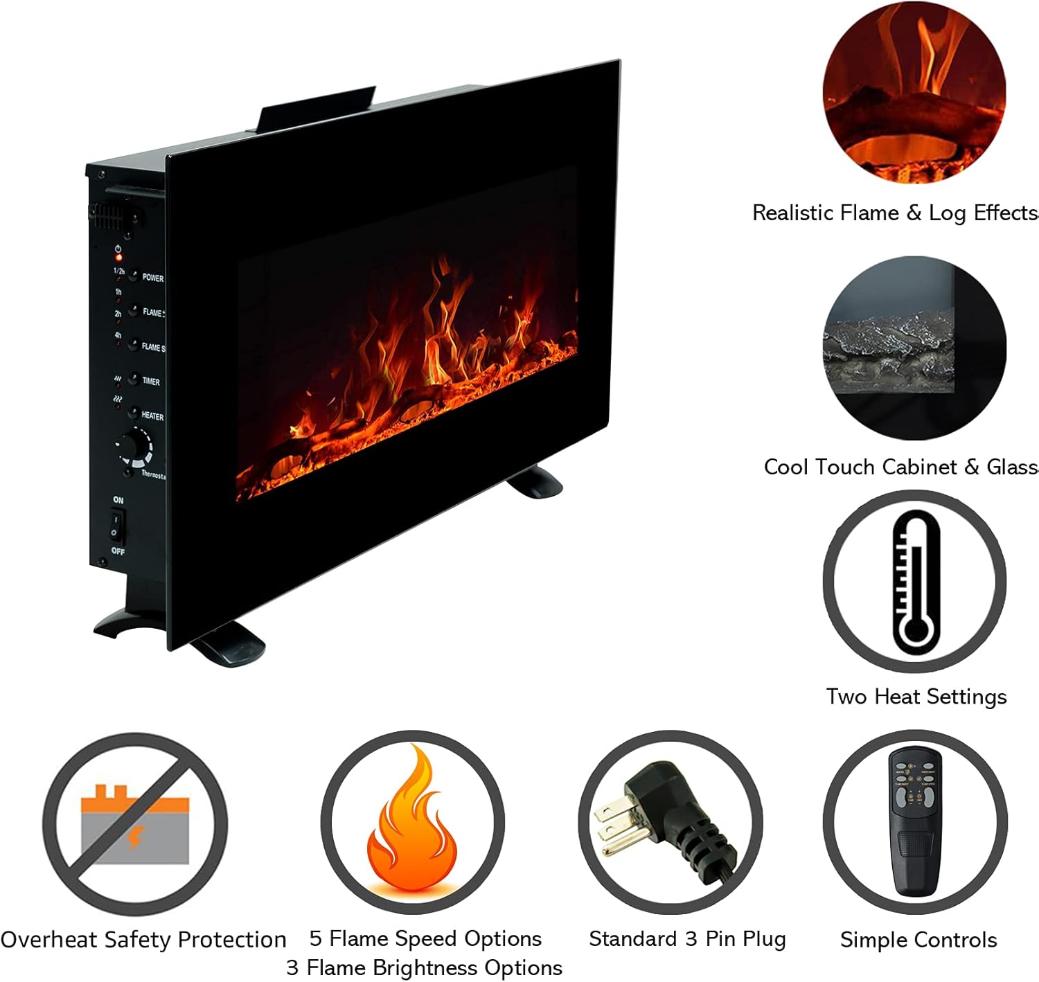 C-Hopetree Electric Fireplace, Wall Mounted or Freestanding Portable Room Heater with Remote and Thermostat, 34 Inch Wide