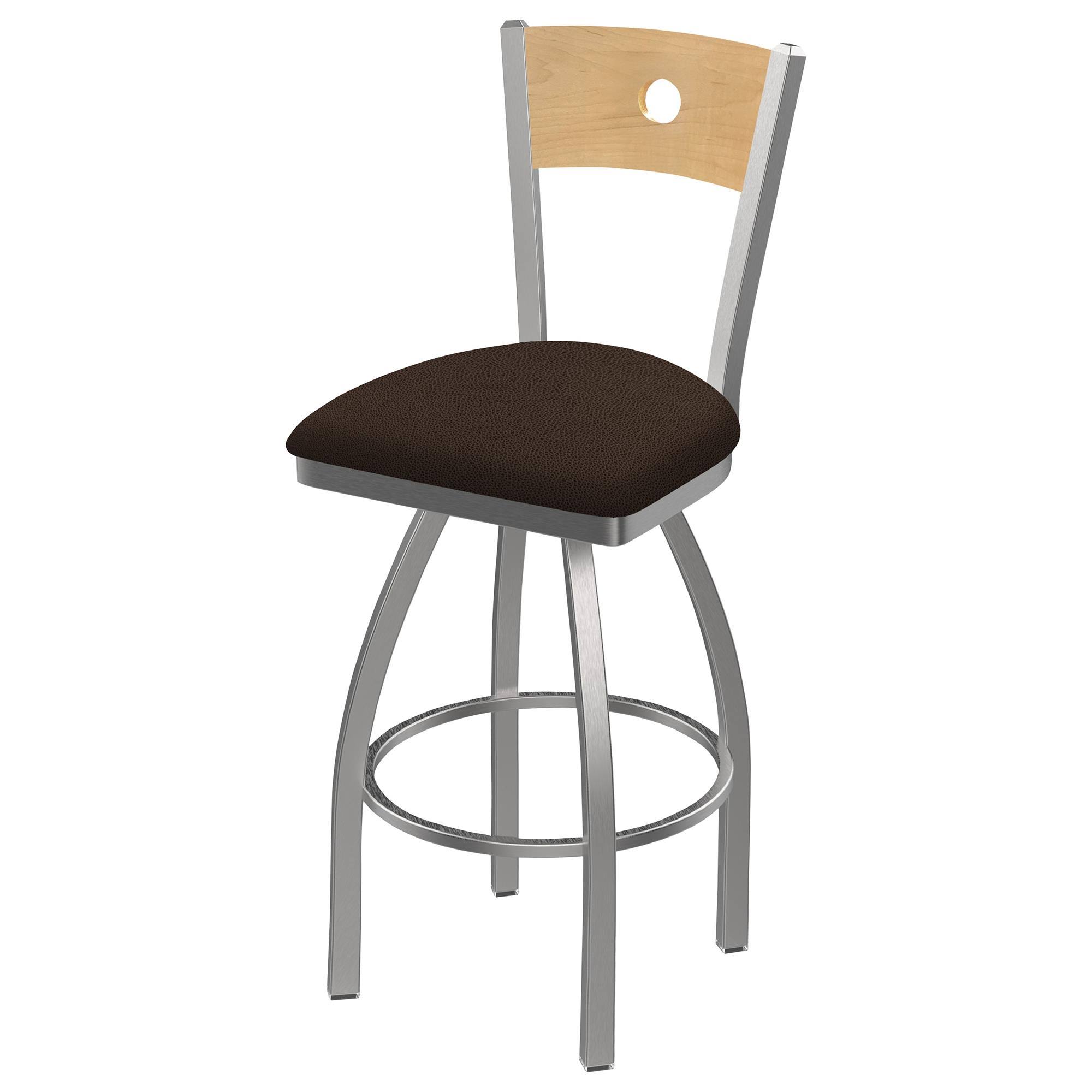 Holland Bar Stool 830 Voltaire 30x22 Bar Stool with Stainless Finish, Rein Coffee SEAT, Natural Maple BACK, and 360 Swivel