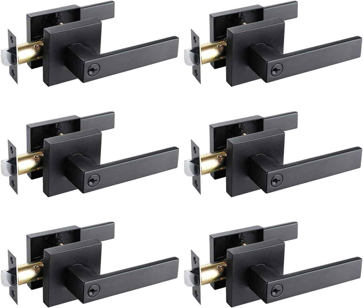 Keyed Door Knob Lever with Lock and Key, Heavy Duty Contemporary Square Lever Entry Door Handle Knob Lock with Key Leverset Lockset, Keyed Alike in Matte Black, 3 Pack Pack of 2
