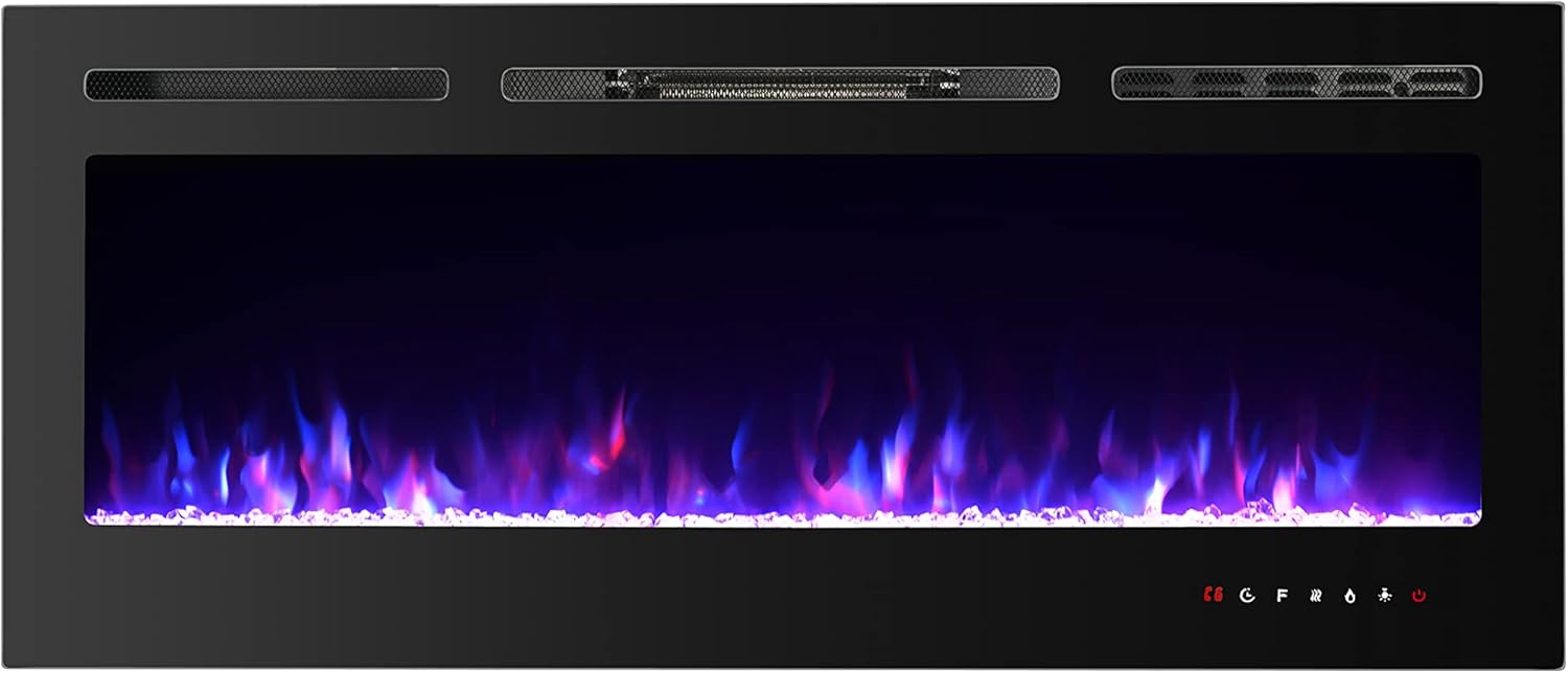 PAOLFOX 40 Inches Wall Mounted Recessed Electric Fireplace Heater Touch Screen Control Panel Overheating Protection Timer 9 Multicolor Flames,750/1500W, Log & Crystal Hearth Options