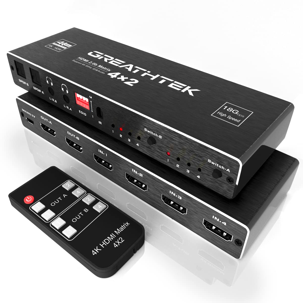 GREATHTEK HDMI Matrix Switch 4x2 4K@60Hz, Audio EDID Extractor with IR Remote Control, HDR Vision SPDIF 5.1CH & Optical & L/R 3.5 mm Output, HDMI 2.0 Splitter 3D