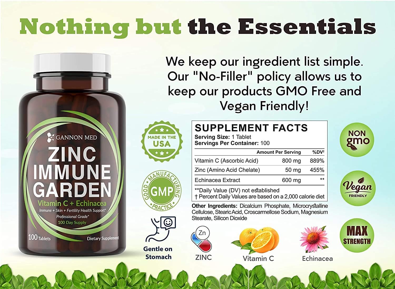 Zinc Immune Garden - Chelated Zinc 50mg - Vitamin C 800mg - Echinacea 600mg per Tablet - Immunity + Skin + Reproductive Health - Easy, One a Day Immune Booster for Kids & Adults - 6 Pack Pack of 2