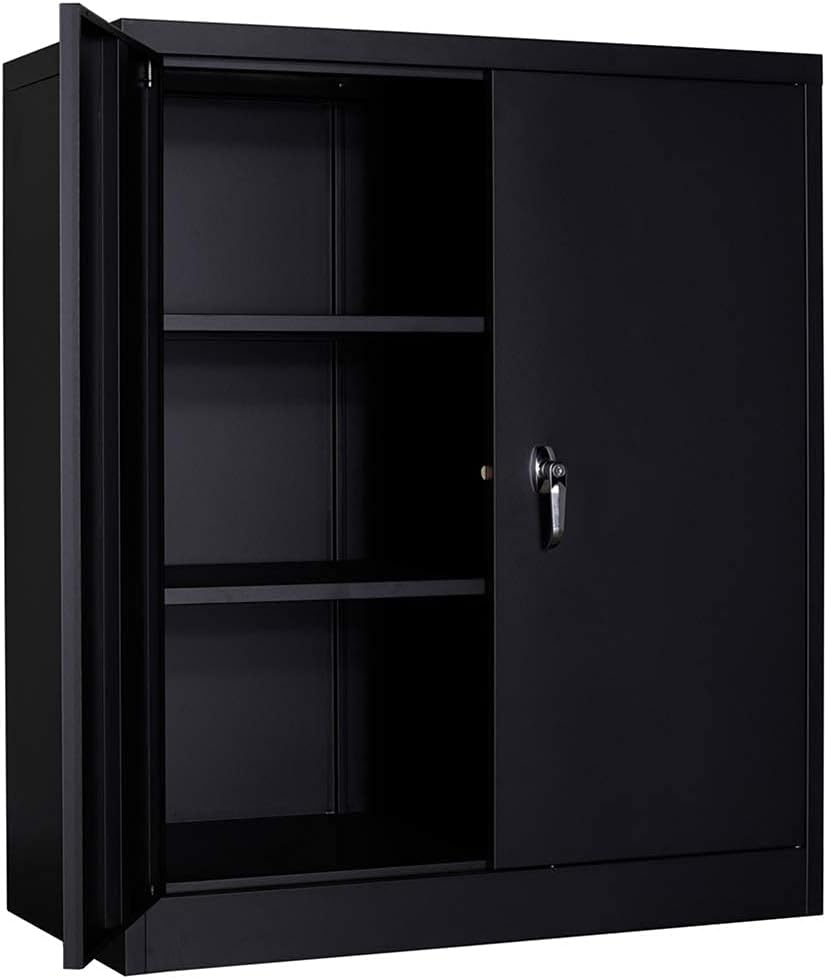 GREATMEET Metal Storage Cabinet with 2 Adjustable Shelves,Metal Garage Storage Cabinet with Door and Shelf,36'' W Locking Cabinet,Black