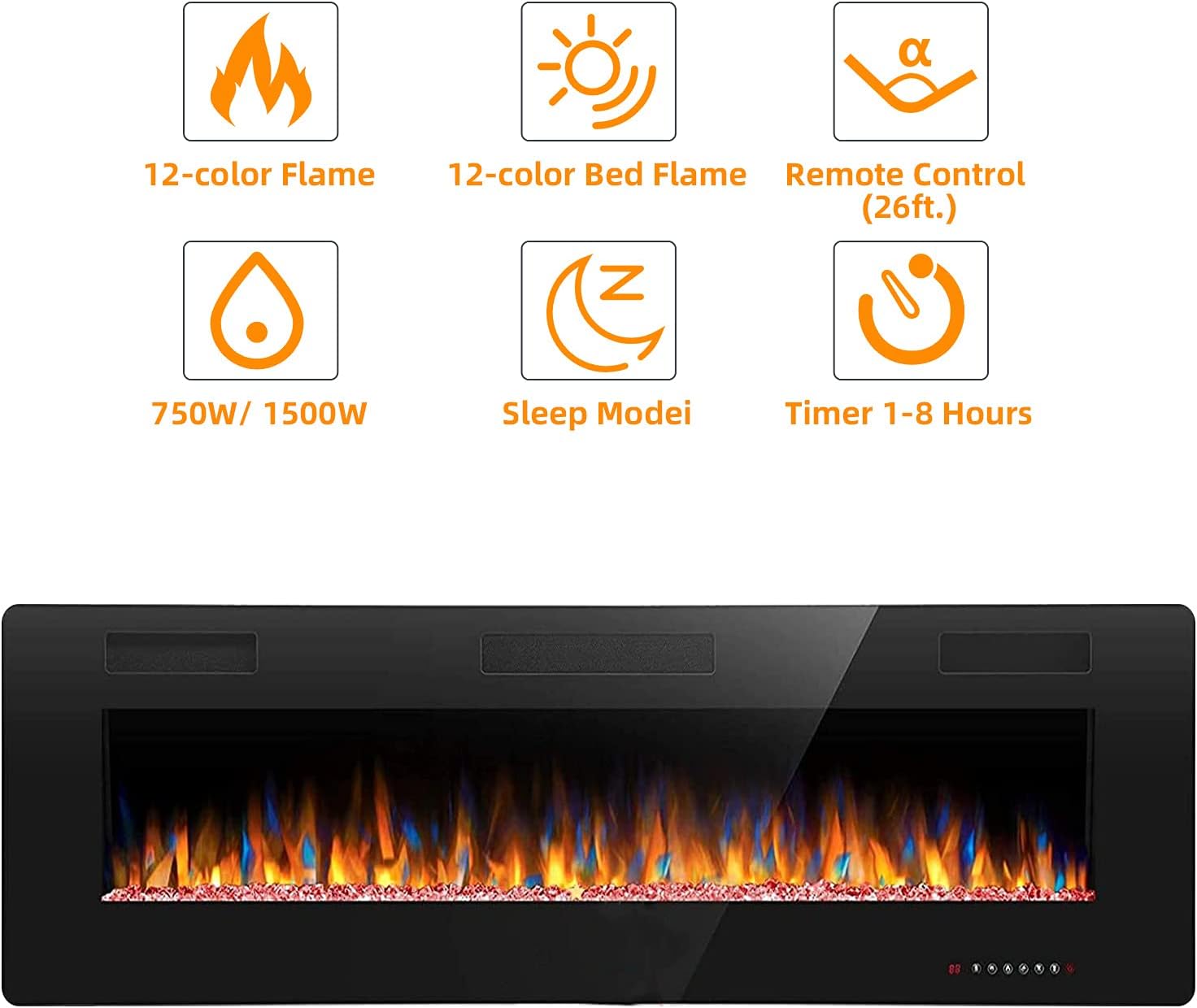 Crzoe 60 Inch Electric Fireplace, Recessed and Wall Mounted Fireplace Heater, Remote Control & Touch Panel, Timer, Adjustable Flame Color and Speed, 750w/1500w.
